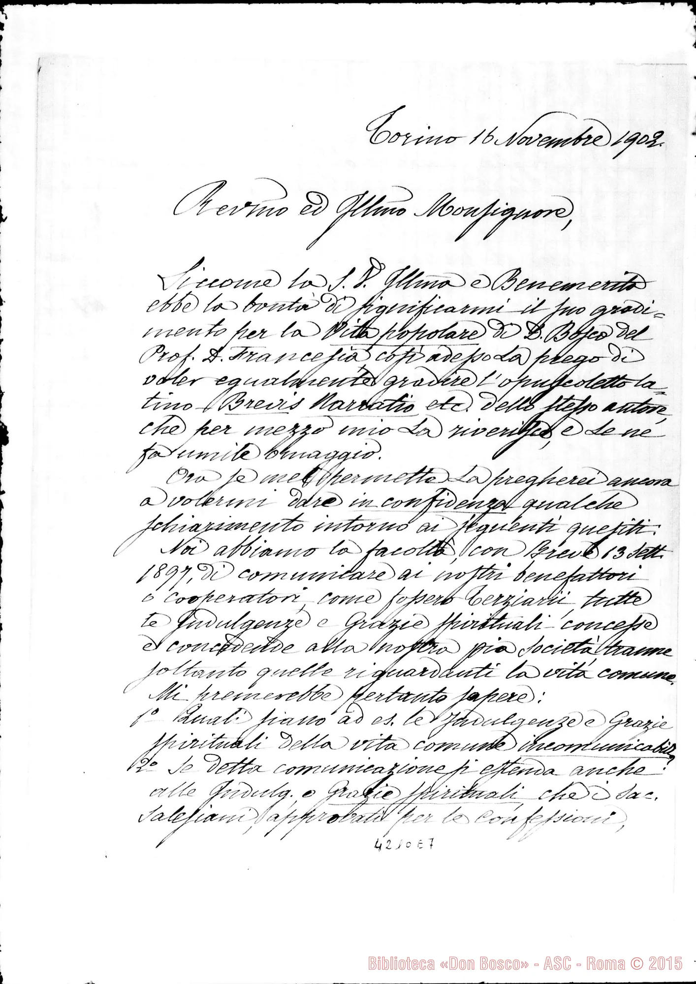 Fotogramma E 7 — Don Berto-Mons. Melito. Torino, 16-11-1902. Indulgenze ai Cooperatori. Quesiti
