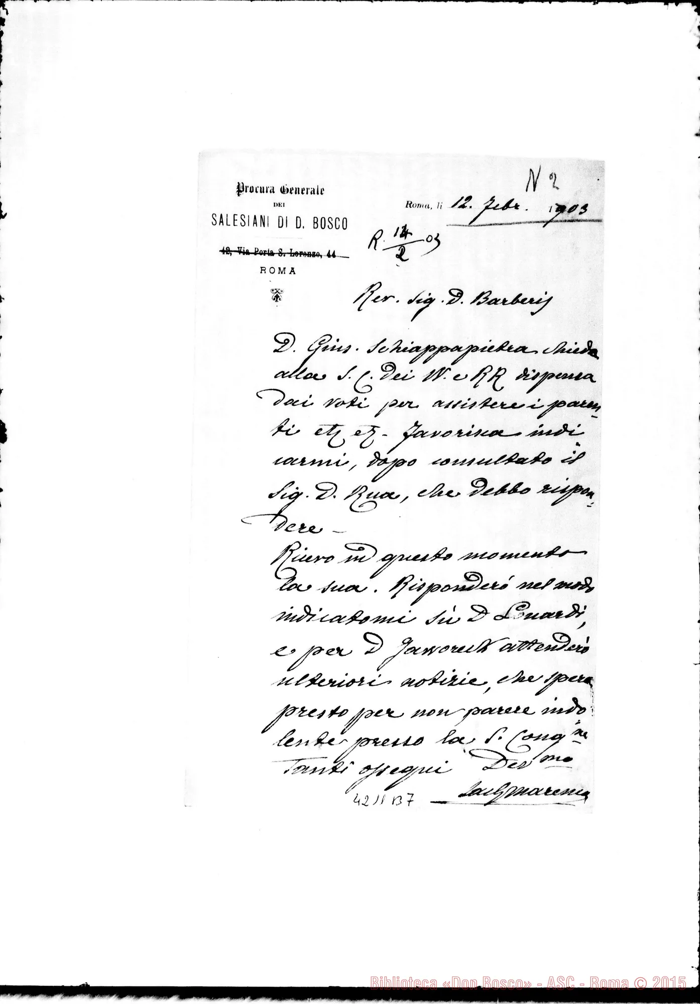 Fotogramma B 7 — Don Marenco-Don Barberis G.. Roma, 12-02-1903. D. Schiappapietra: dispensa dei voti