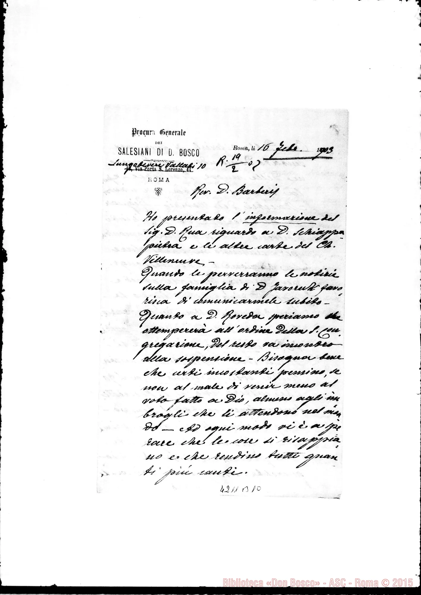 Fotogramma B 10 — Don Marenco-Don Barberis. Roma, 16-02-1903. Domanda per erezione di nuove Ispettorie