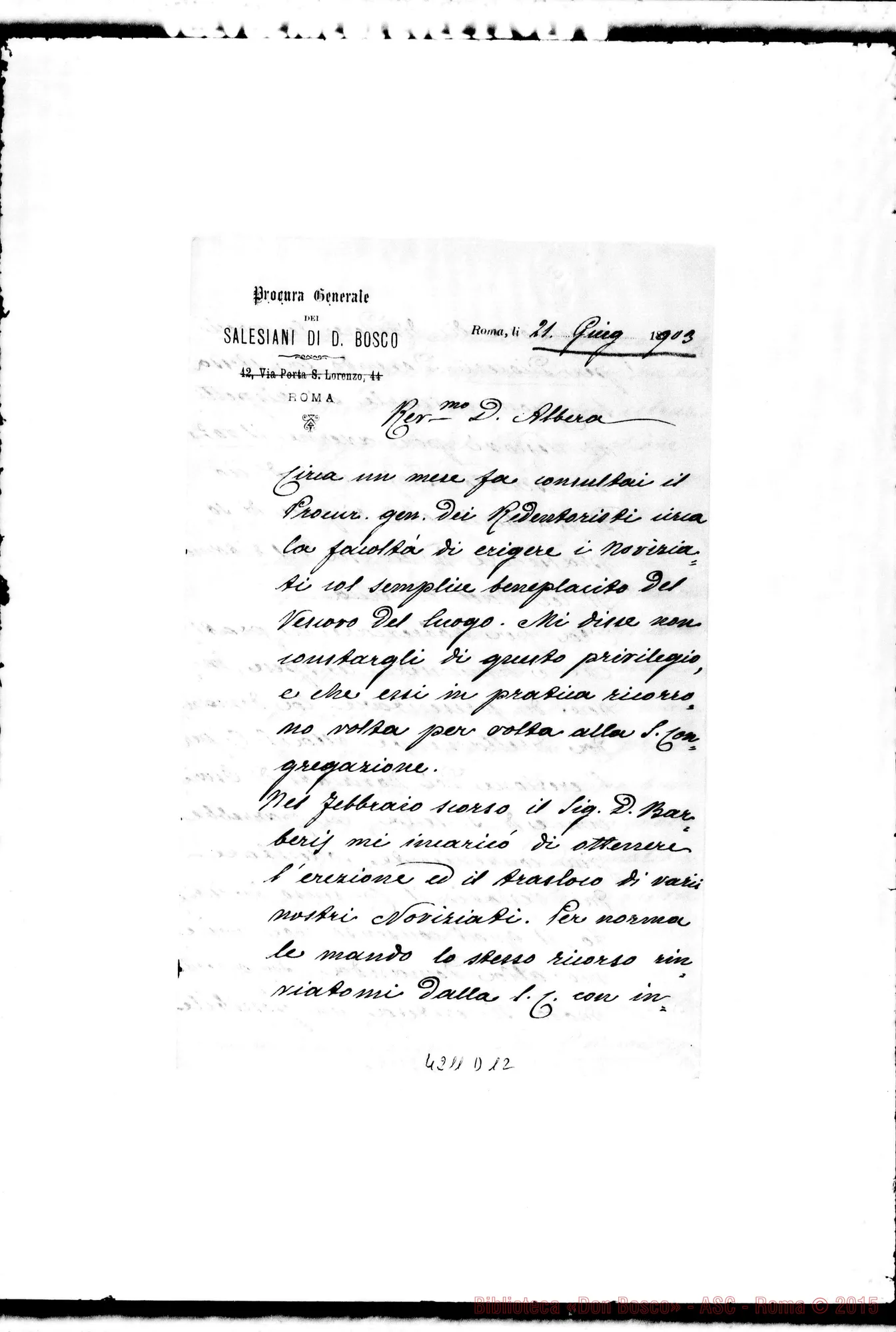 Fotogramma D 12 — Don Marenco-Don Albera. Roma, 21-06-1903. SuH’erezione dei Noviziati