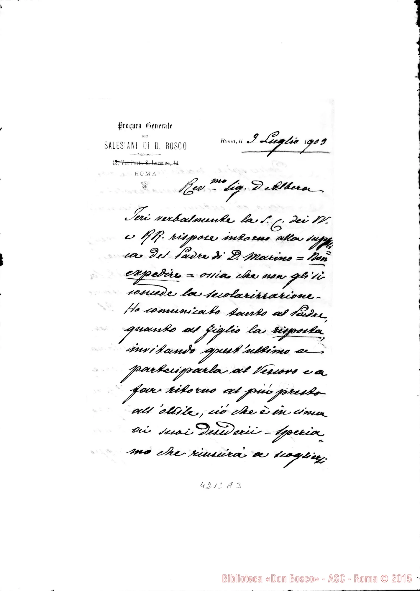 Fotogramma A 3 — Don Marenco-Don Albera. Roma, 3-07-1903. Dispense E secolarizzazioni