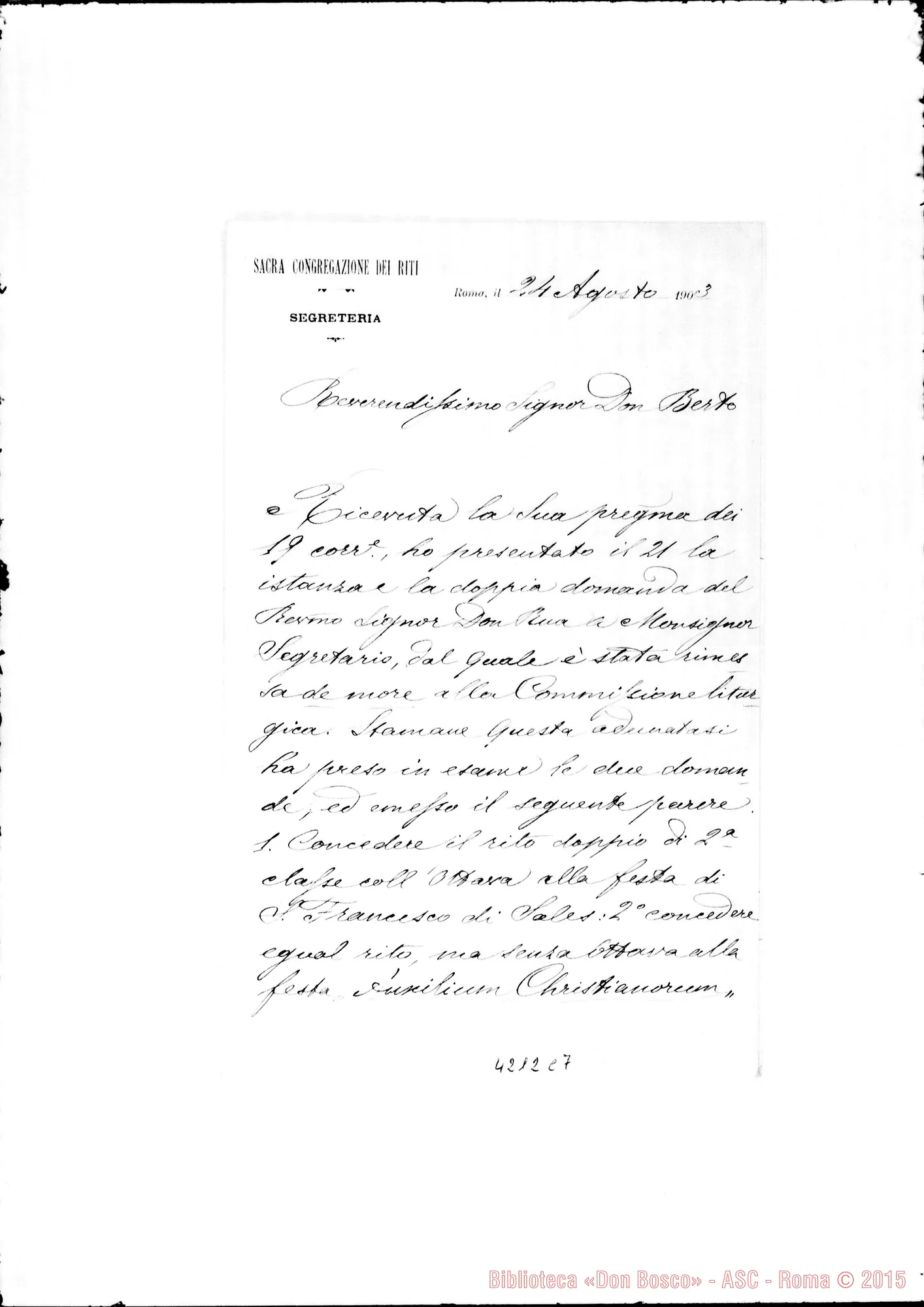 Fotogramma C 7 — Mons. Canori-Don Berto. Roma, 24-08-1903. Sulle feste di M. Aus. E S. Francesco di Sales