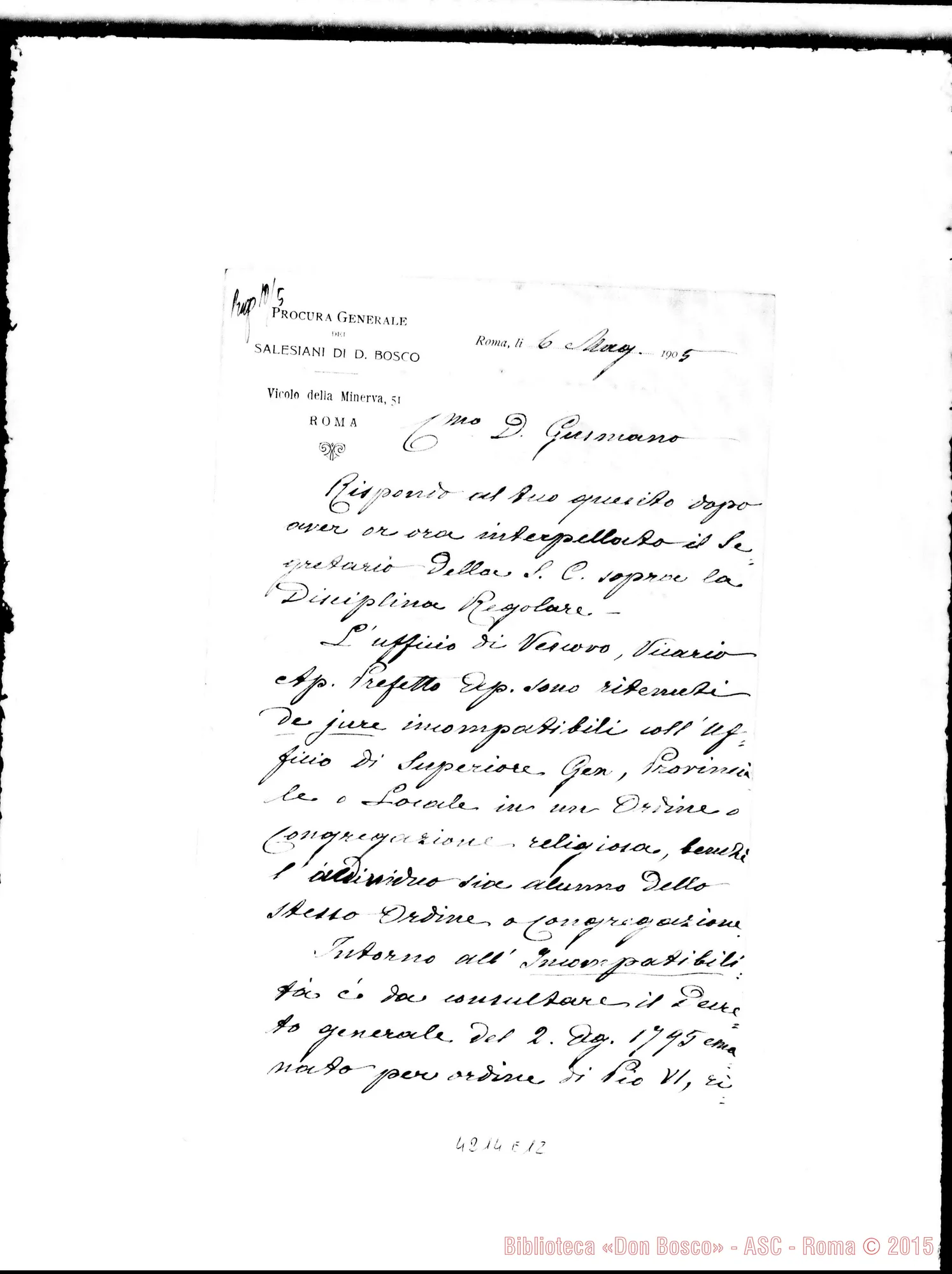Fotogramma E 12 — Don Marenco-Don Gusmano. Roma, 6-05-1905. Ufficio di Vesc. E Sup. Generale