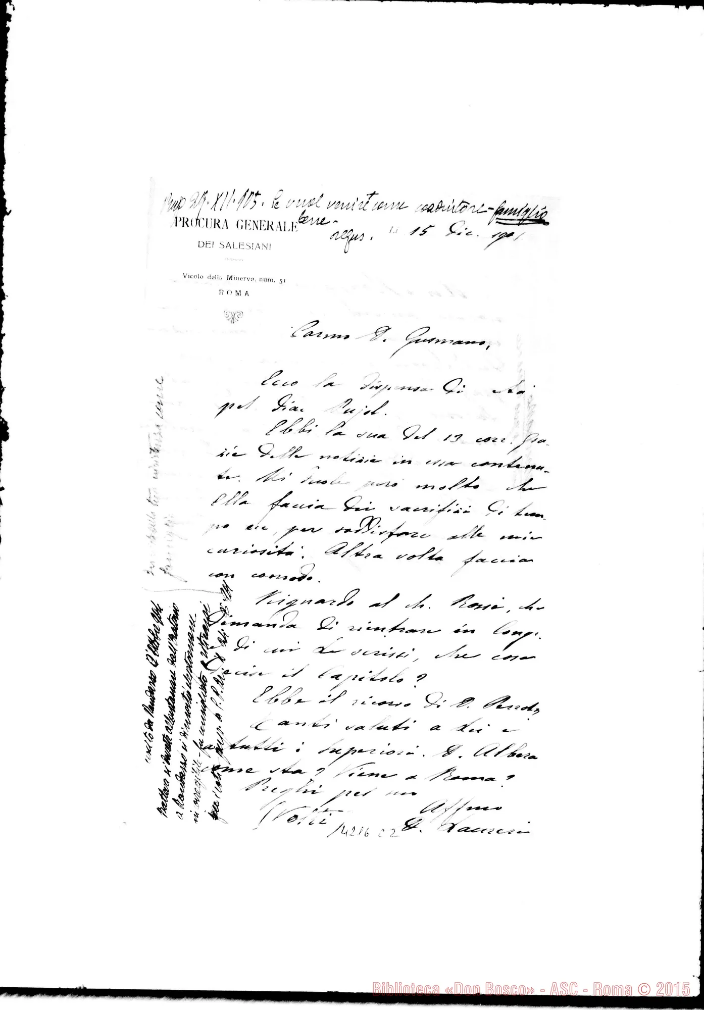 Fotogramma C 2 — Don Laureri-Don Gusmano. Roma, 15-12-1905. Dispensa di età. Rientrare in Congr.
