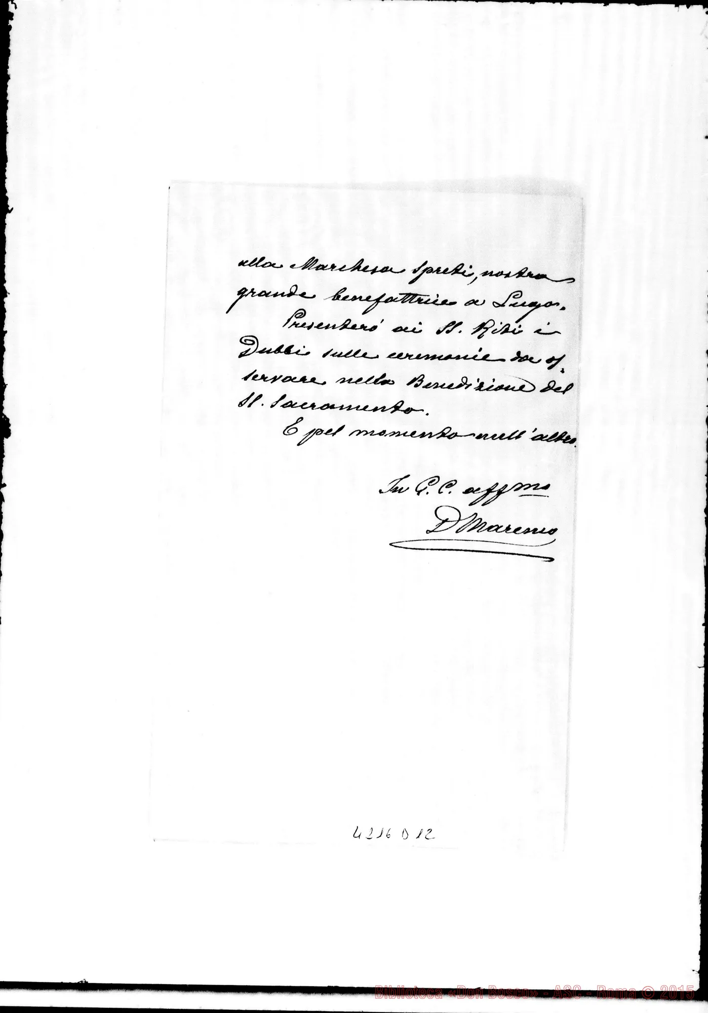 Fotogramma D 12 — Don Marenco-Don Gusmano. Roma, 18-01-1906. Lettere Commendatizie. Onoranza alla Marchesa Spreti