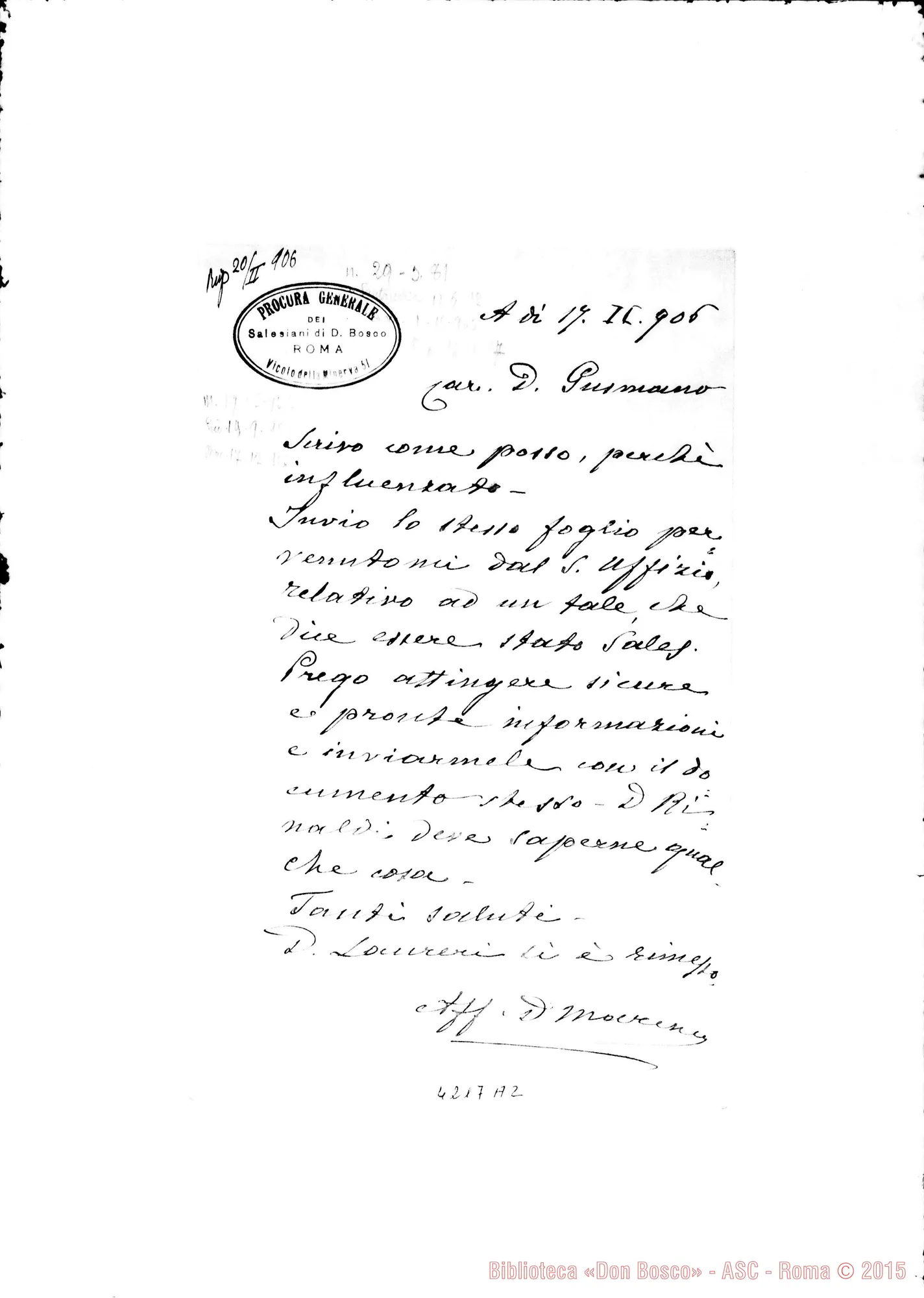 Fotogramma A 2 — Don Marenco-Don Gusmano. Roma, 17-02-1906. Informazione su un tale ex-salesiano