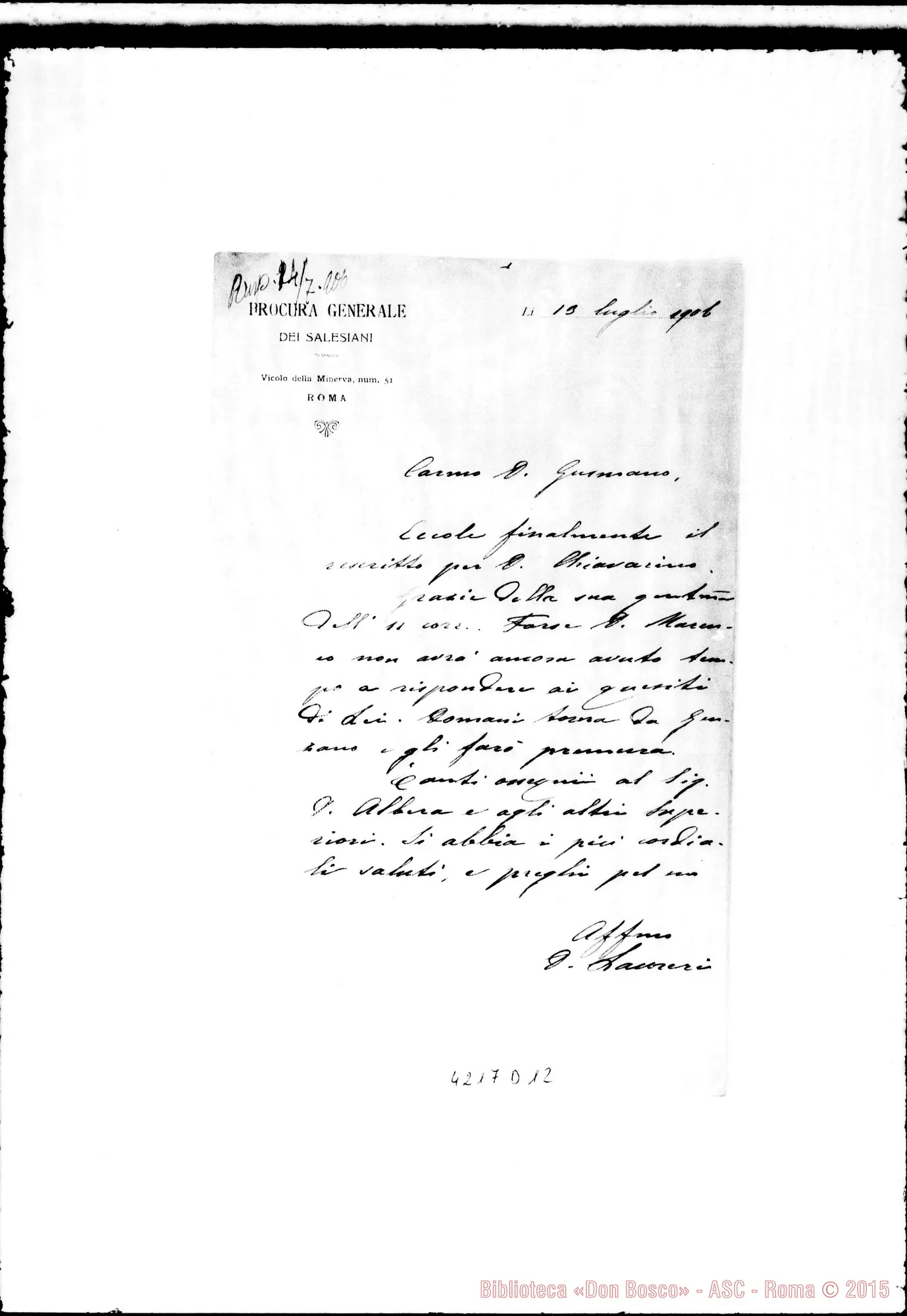 Fotogramma D 12 — Don Laureri-Don Gusmano. Roma, 13-07-1906. Rescritto per Don Chiavarino