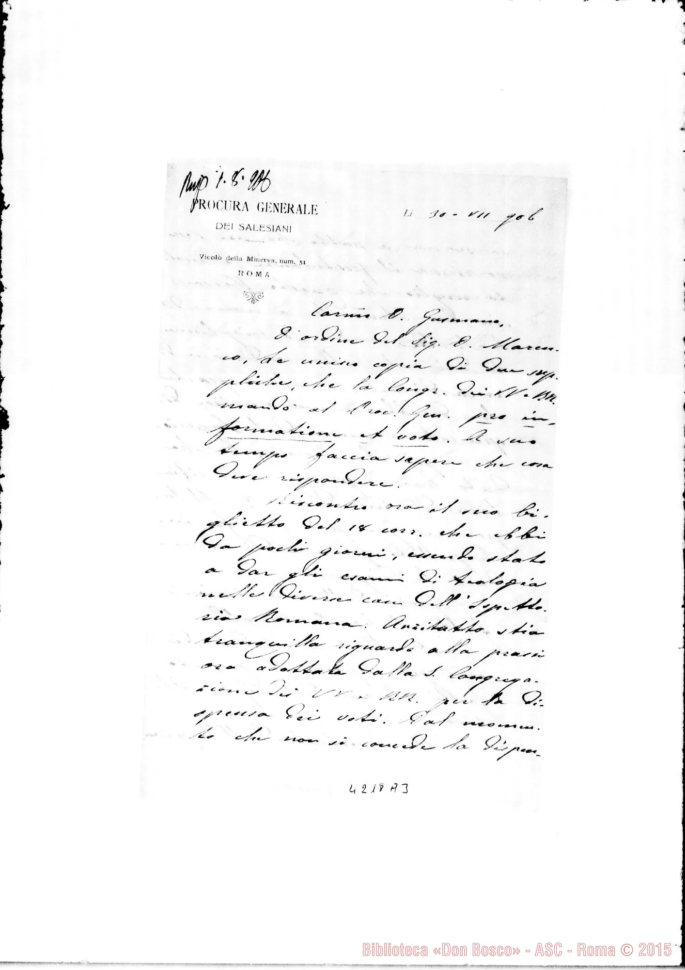 Fotogramma A 3 — Don Laureri-Don Gusmano. Roma, 30-07-1906. Suppliche arrivate al S.P.