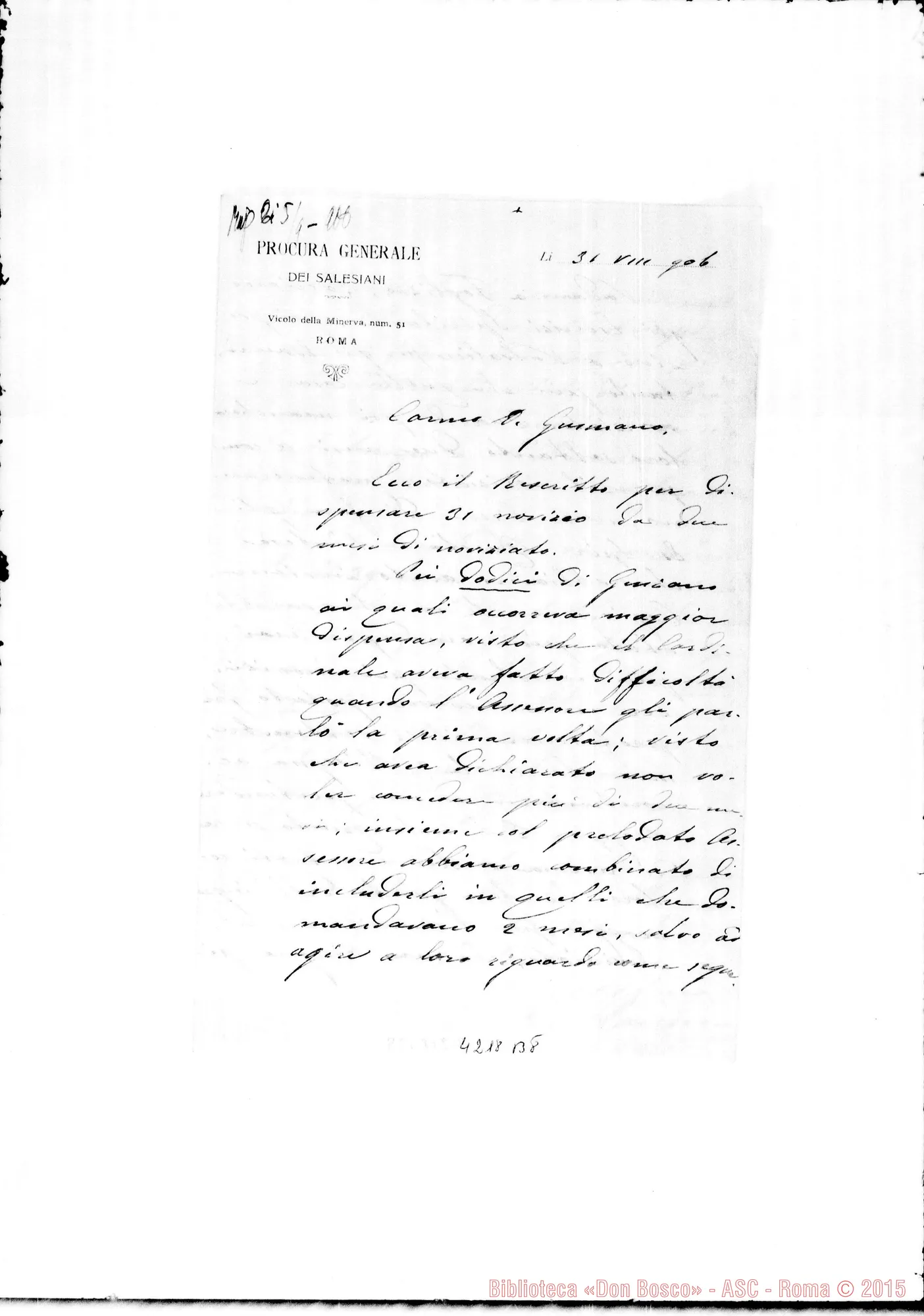 Fotogramma B 8 — Don Laureri-Don Gusmano. Roma, 31-08-1906. Dispensati 31 novizi da due mesi di Noviziato