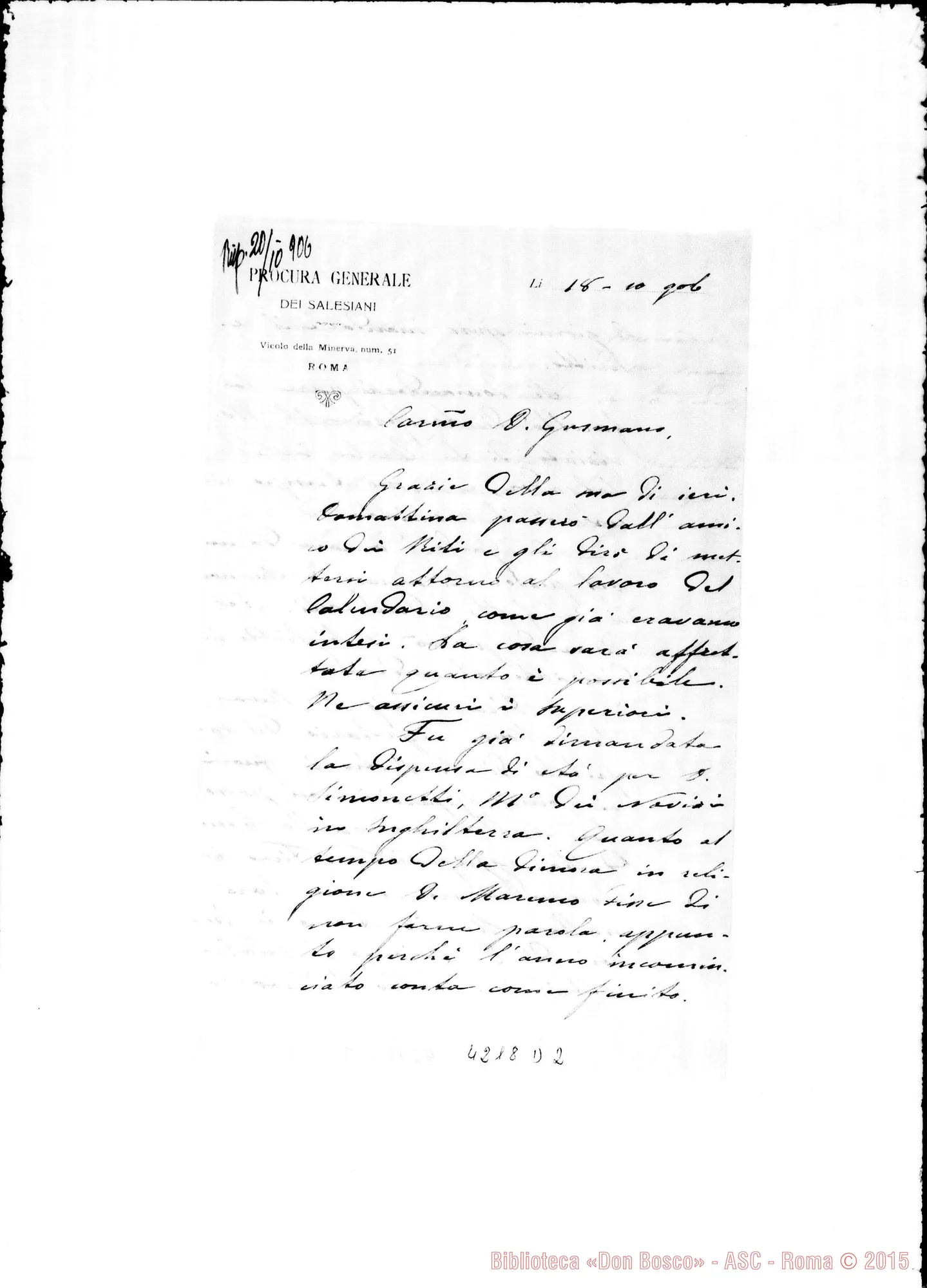 Fotogramma D 2 — Don Laureri-Don Gusmano. Roma, 18-10-1906. Dispensa di età. Trasferimento del Noviziato al Salvador