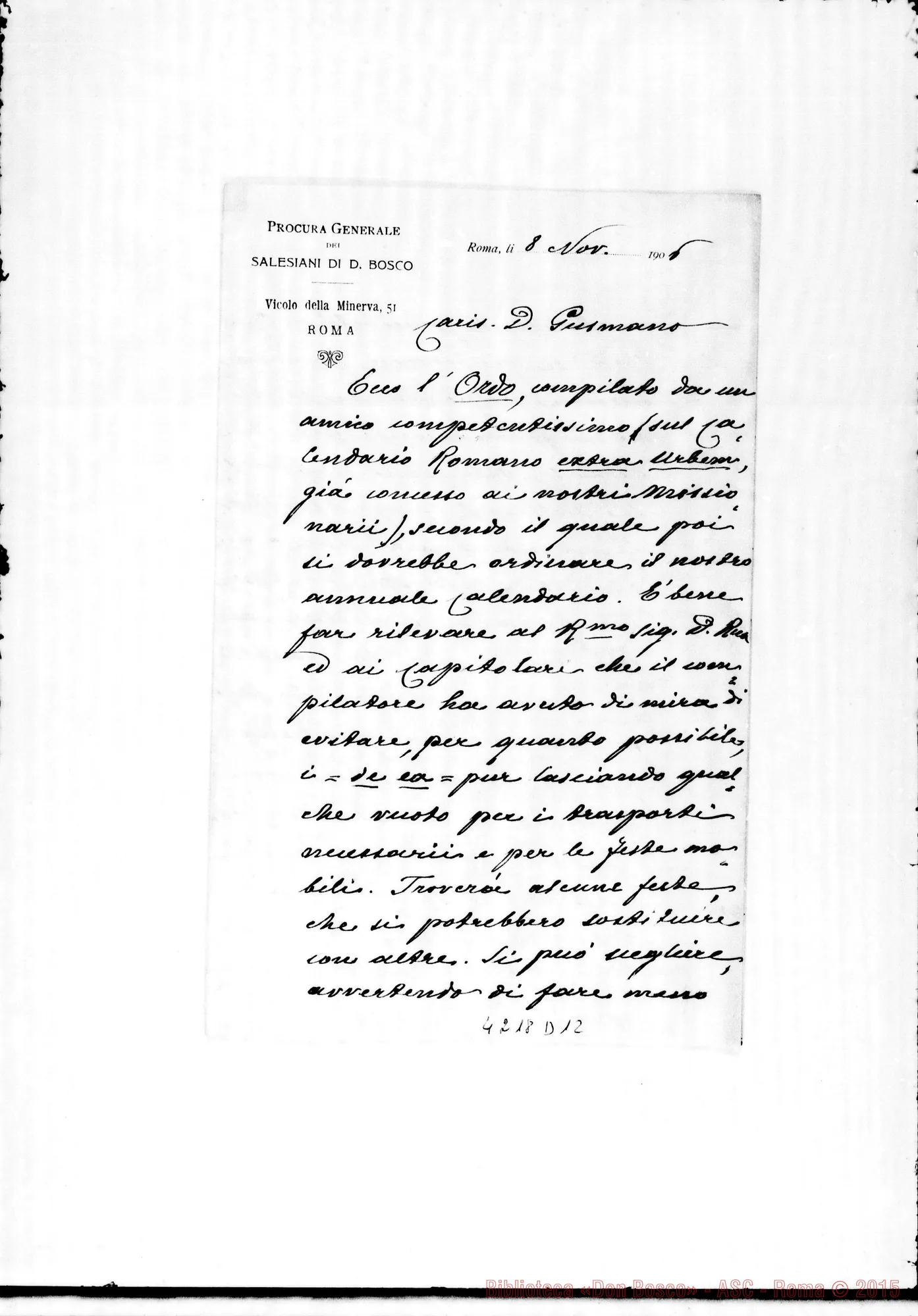 Fotogramma D 12 — Don Marenco-Don Gusmano. Roma, 8-11-1906. L’Ordo compilato