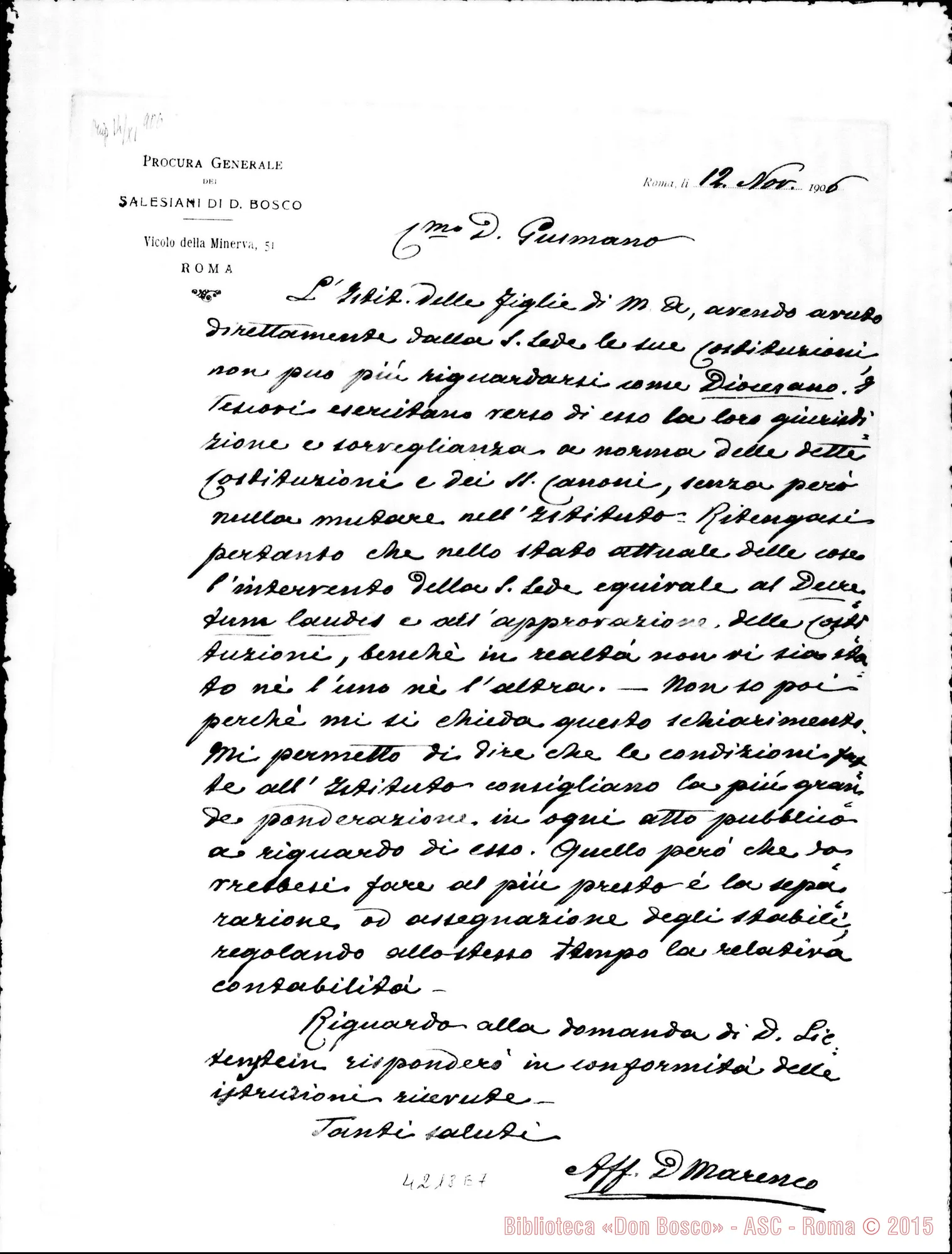 Fotogramma E 7 — Don Marenco-Don Gusmano. Roma, 12-11-1906. Figlie di M.A. non diocesane