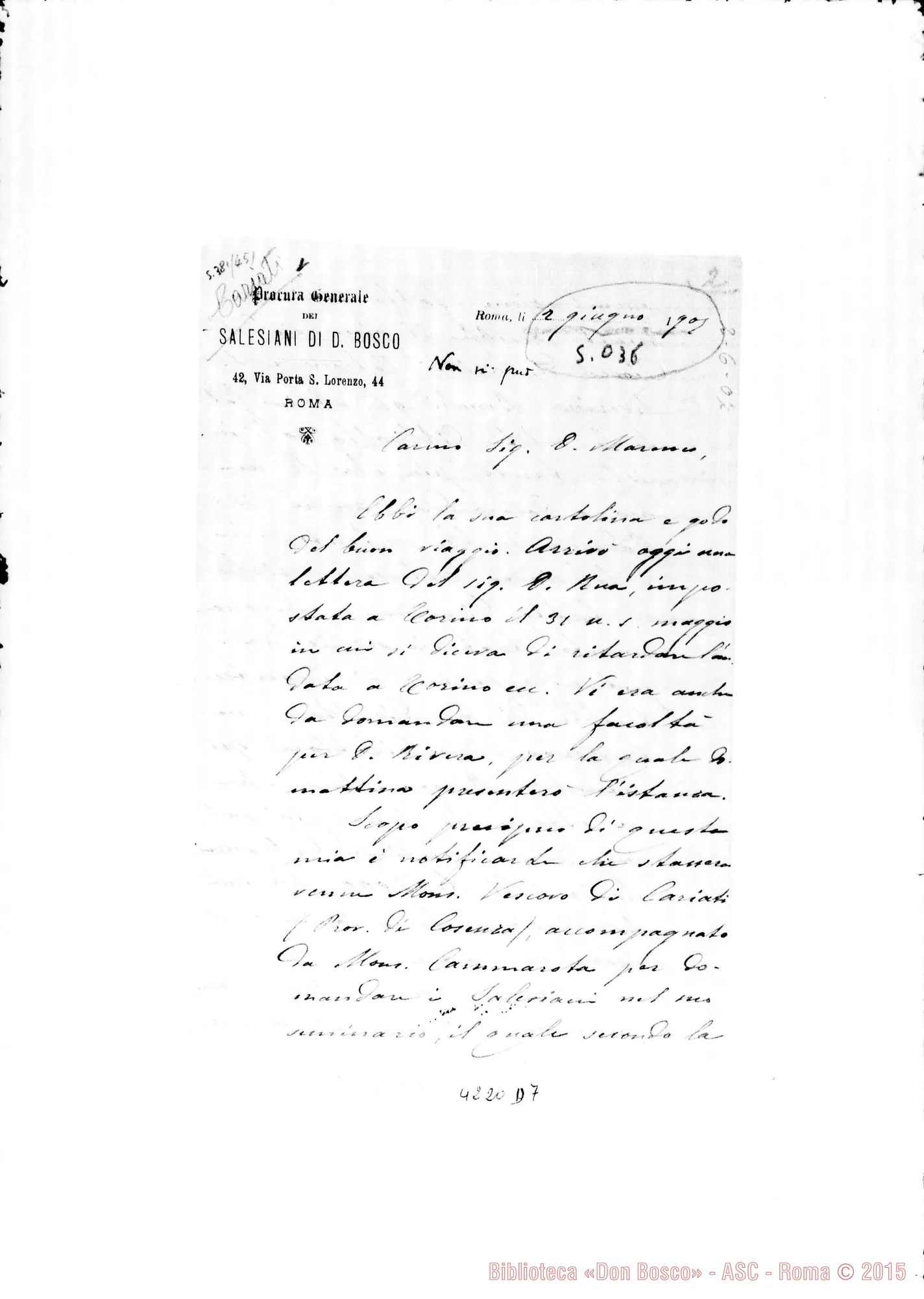 Fotogramma D 7 — Don Laureri-Don Marenco. Roma, 2-06-1907. Vesc. di Cariati: per il suo Seminario