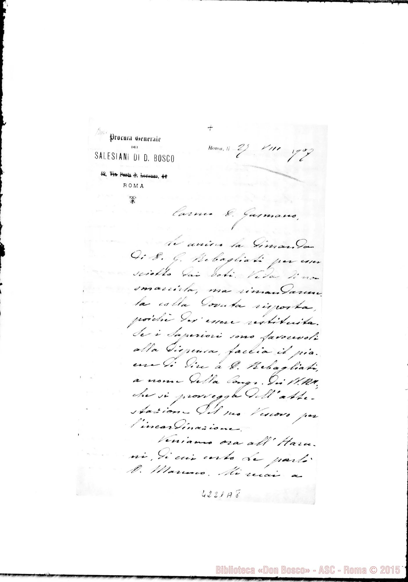 Fotogramma A 8 — Don Laureri-Don Gusmano. Roma, 27-08-1907. Dispensa per D. G. Rabagliati. Haruni e sanatoria della professione