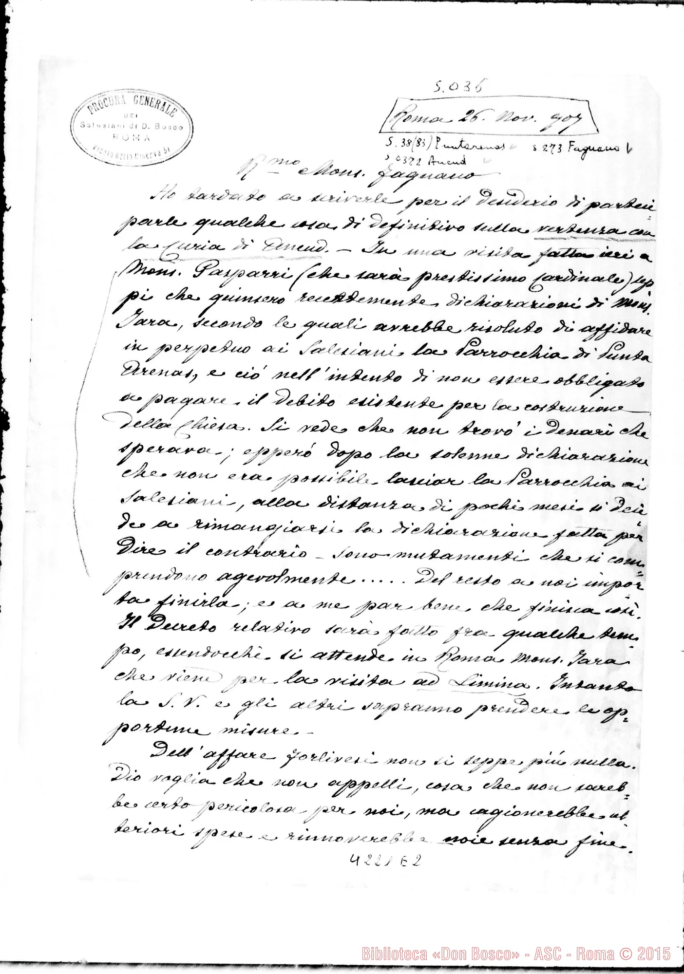 Fotogramma E 2 — Don Marenco-Mons. Fagnano. Roma, 26-11-1907. Vertenza Curia di Ancud