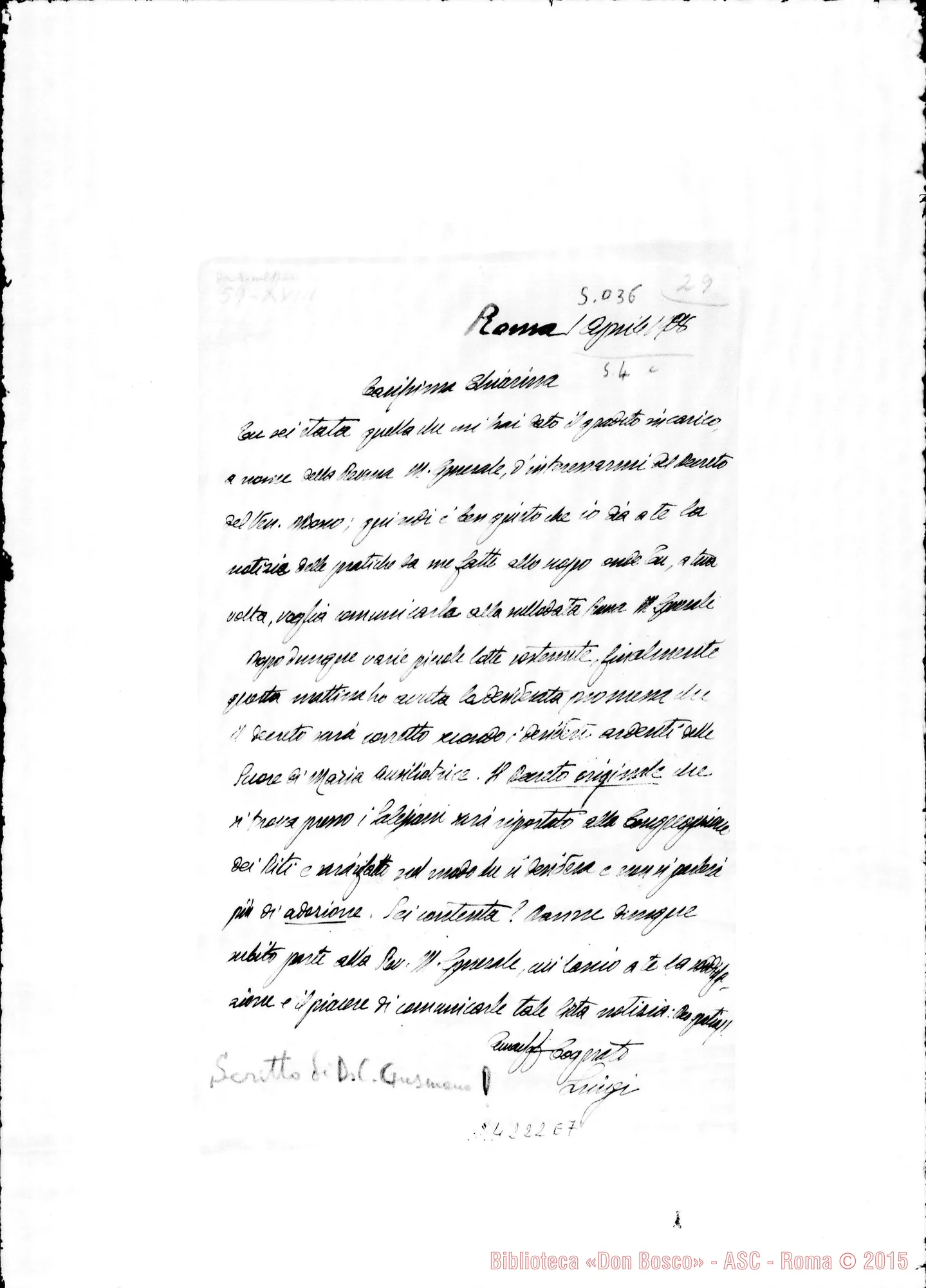 Fotogramma E 7 — Cognato Luigi-Chiarina, suora. Roma, 1-04-1908. Decreto riguardo le Suore