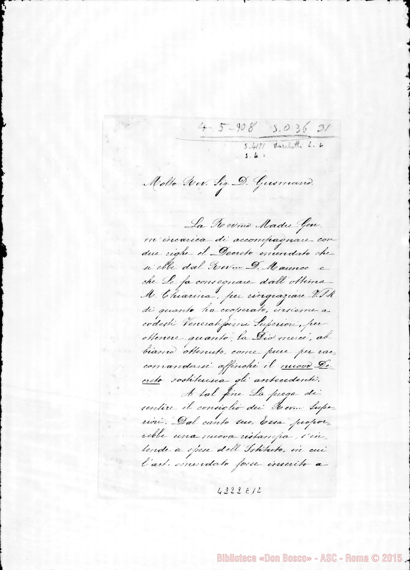 Fotogramma E 12 — Suor Vaschetti Luisa, F.M.A.-Don Gusmano. Nizza, 4-05-1908. Sul Decreto emendato