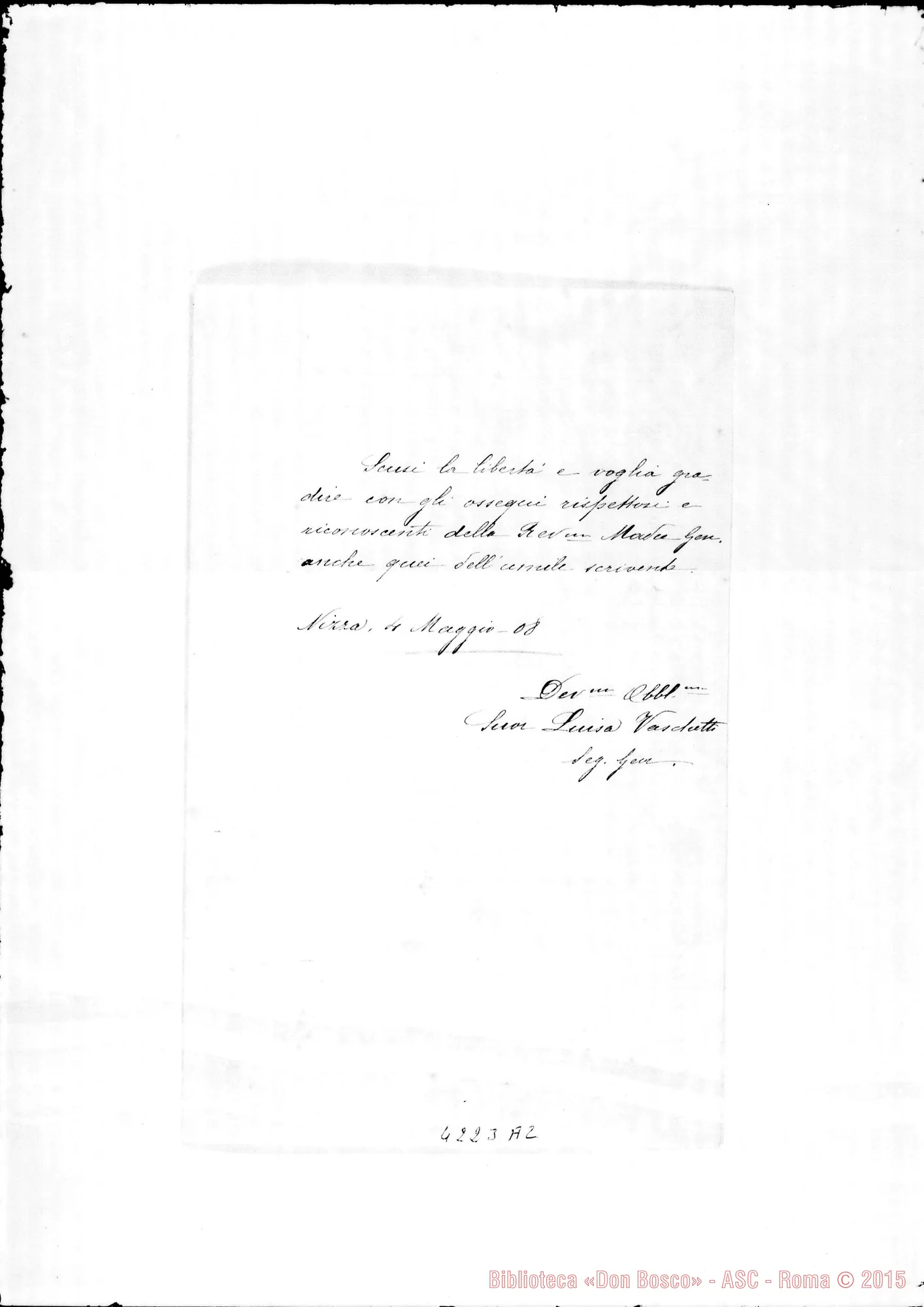 Fotogramma A 2 — Suor Vaschetti Luisa, F.M.A.-Don Gusmano. Nizza, 4-05-1908. Sul Decreto emendato
