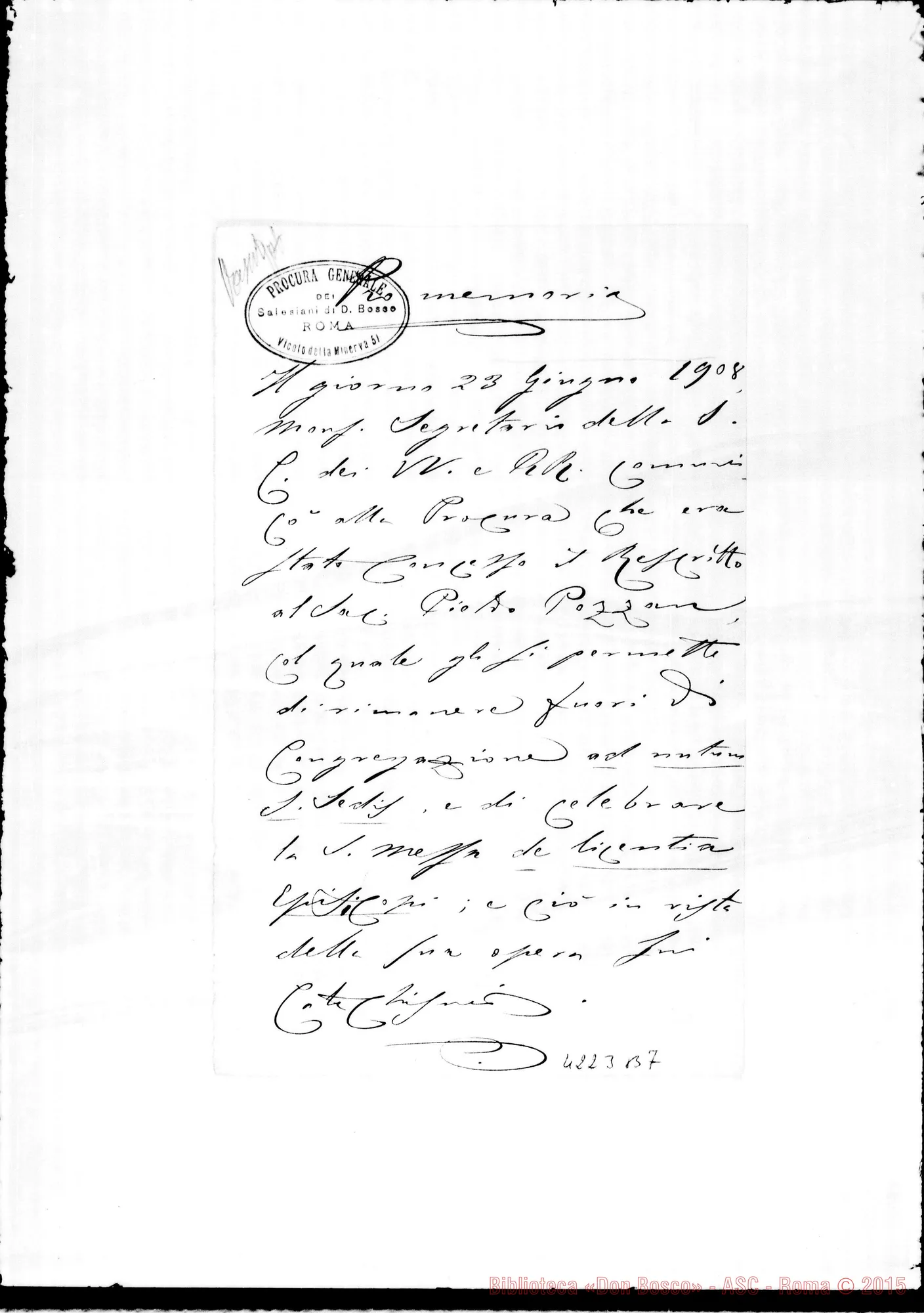 Fotogramma B 7 — Don Munerati: Promemoria. Roma, 23-06-1908. Su Don Pozzan