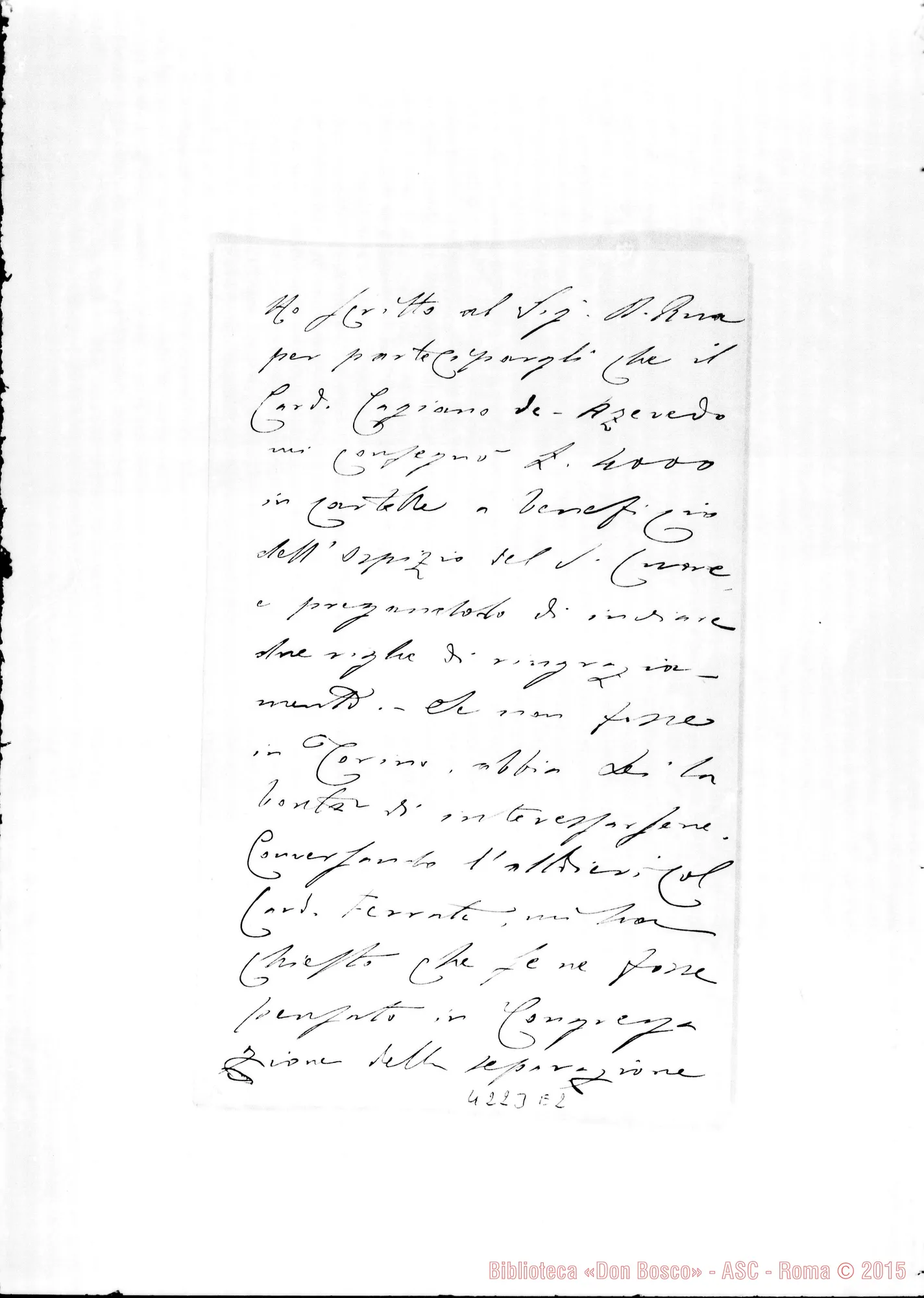Fotogramma E 2 — Don Munerati-Don Gusmano. Roma, 9-08-1908. Card. Cagiano de Azevedo: offerta per Ospizio S. Cuore