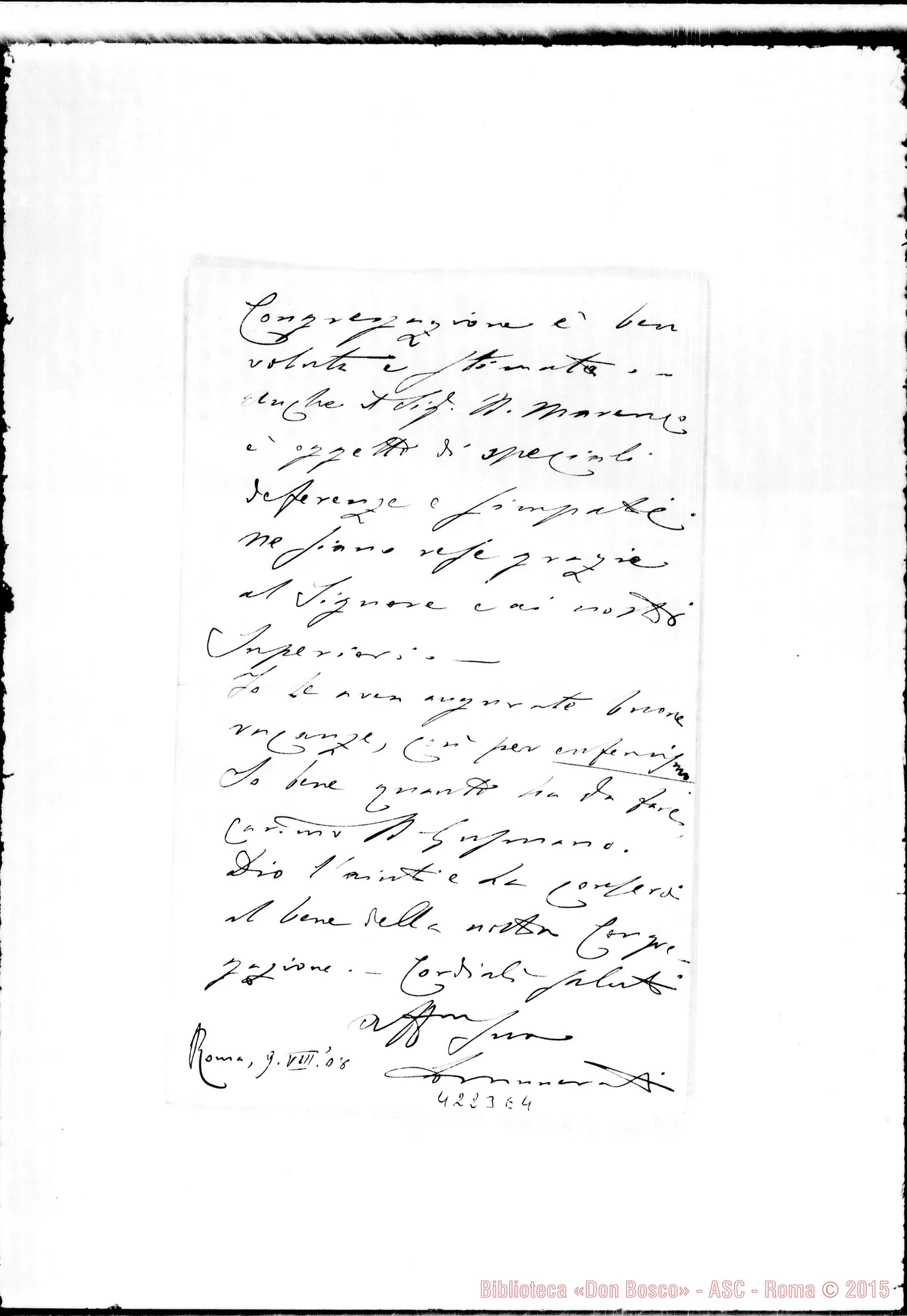 Fotogramma E 4 — Don Munerati-Don Gusmano. Roma, 9-08-1908. Card. Cagiano de Azevedo: offerta per Ospizio S. Cuore