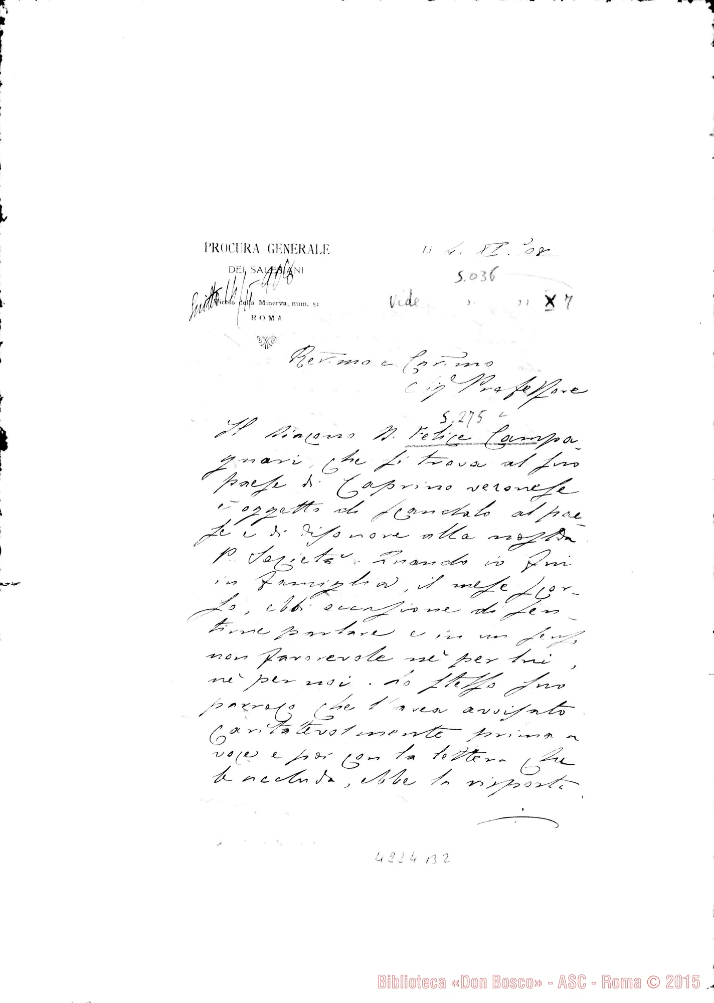 Fotogramma B 2 — Don Munerati-Professore. Roma, 4-11-1908. Sul ch. Felice Campagnari