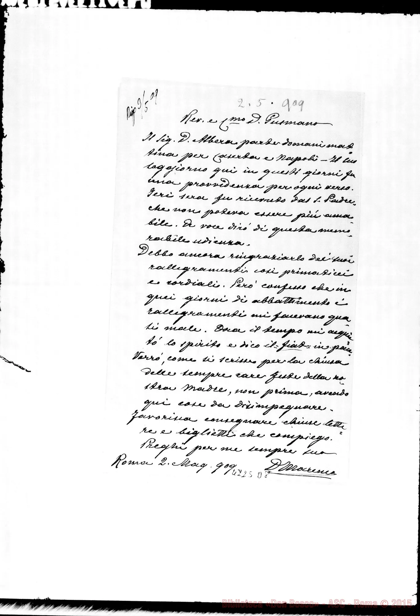 Fotogramma D 8 — Don Marenco-Don Gusmano. Roma, 2-05-1909. Notizie su Don Albera A Napoli