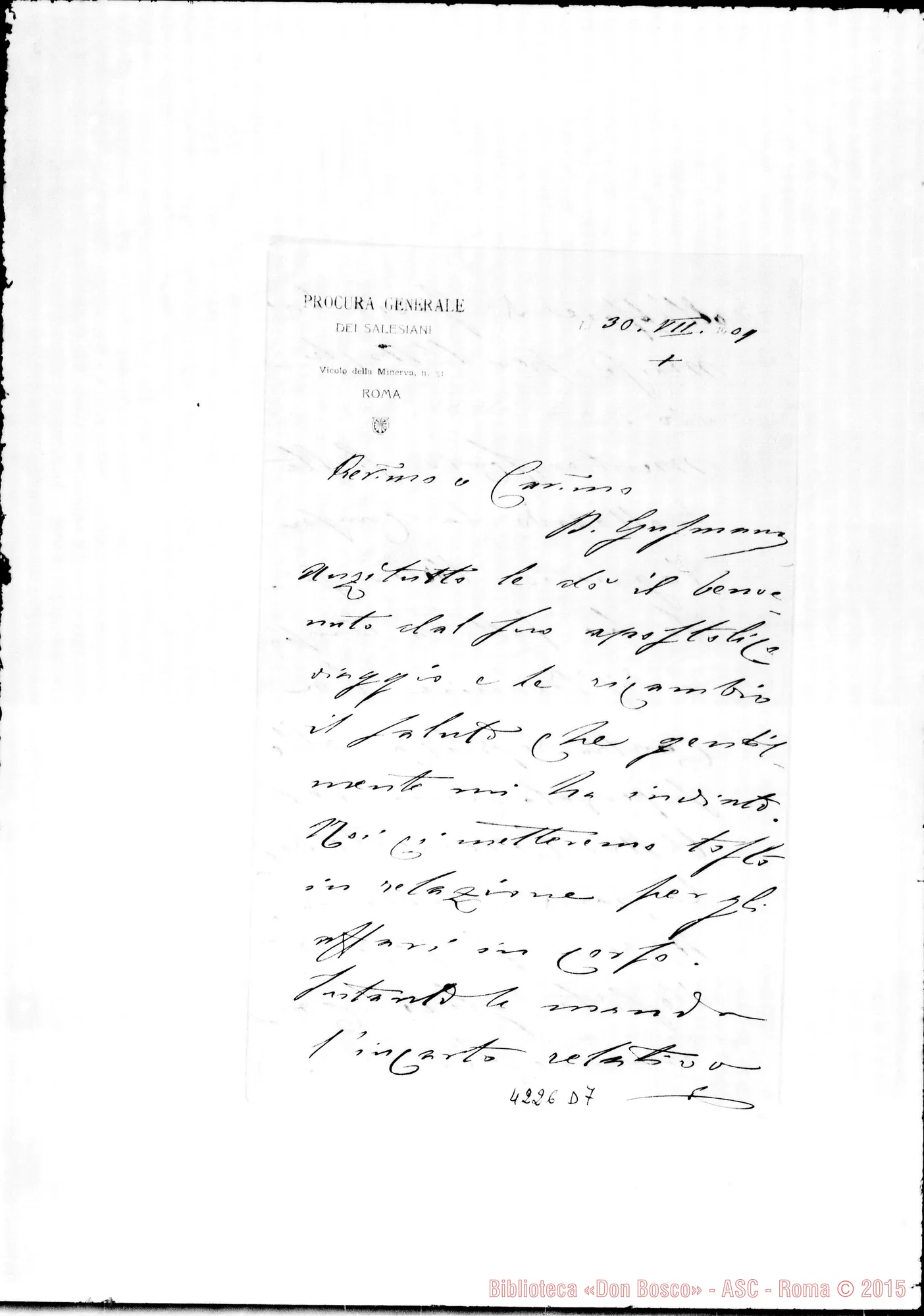 Fotogramma D 7 — Don Munerati-Don Gusmano. Roma, 30-07-1909. Incarto relativo A Gioia dei Marsi