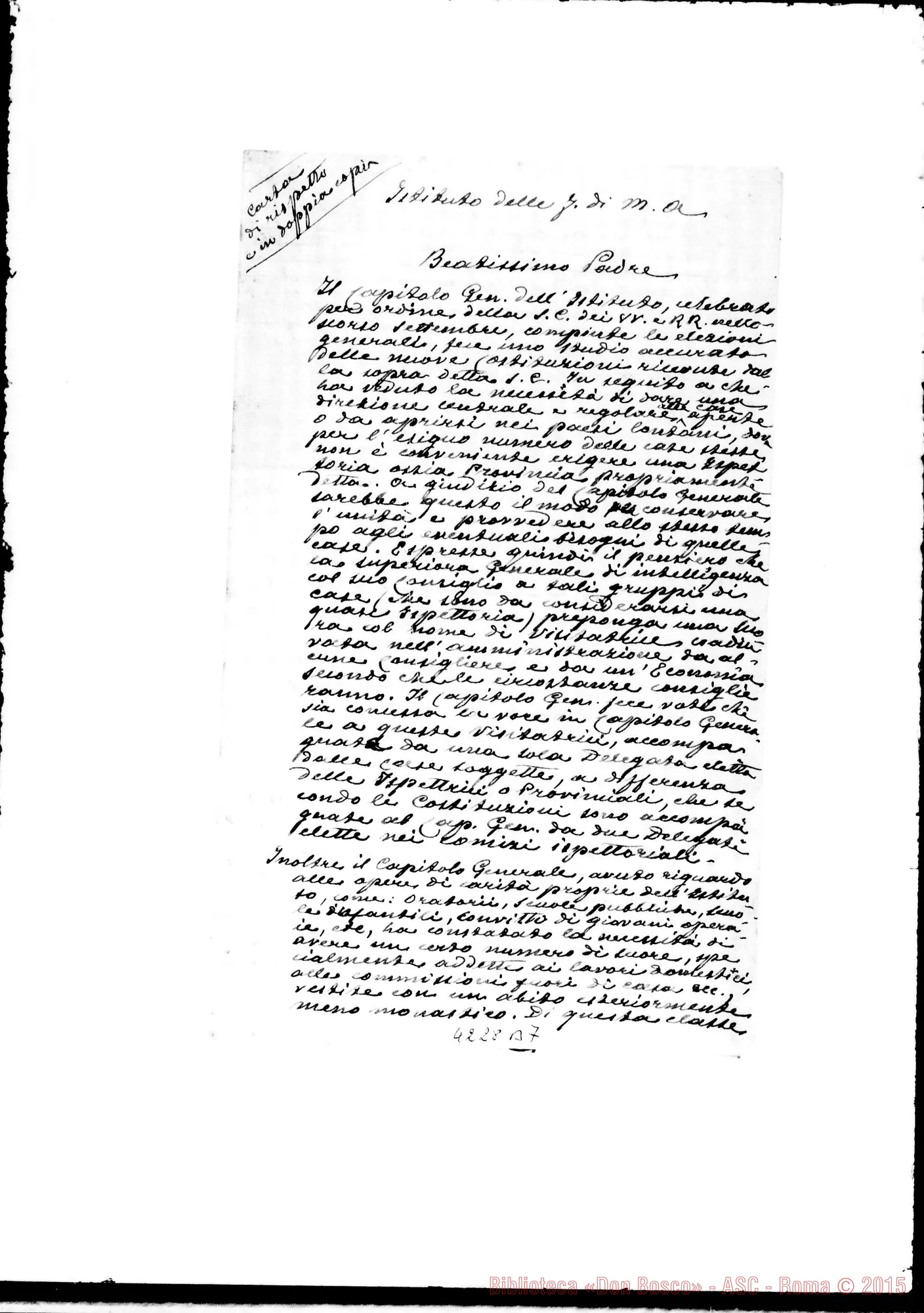 Fotogramma B 7 — Don Marenco-Madre Superiora. Roma, 14-01-1907. Accluse due suppliche al S. Padre. Compilazione di un Manuale erezione di Ispettorie