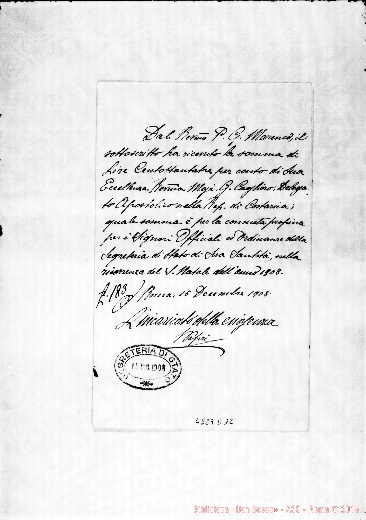 Fotogramma D 12 — Esattore della Famiglia Pontificia: ricevuta. Roma, 15-12-1908