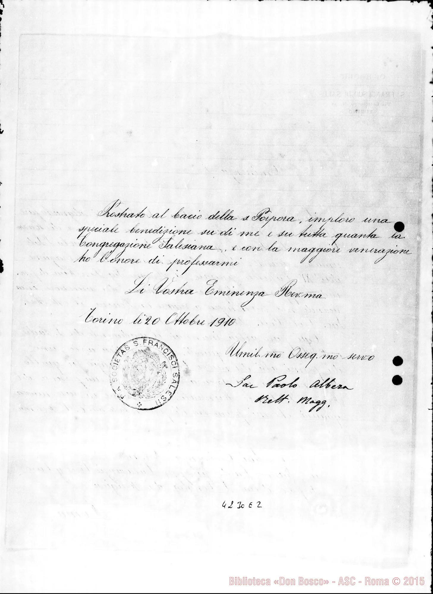 Fotogramma E 2 — Don Albera-Card. Vives y Tuto, Pref. dei W. E RR.. Su D. Munerati, il 20-10-1910