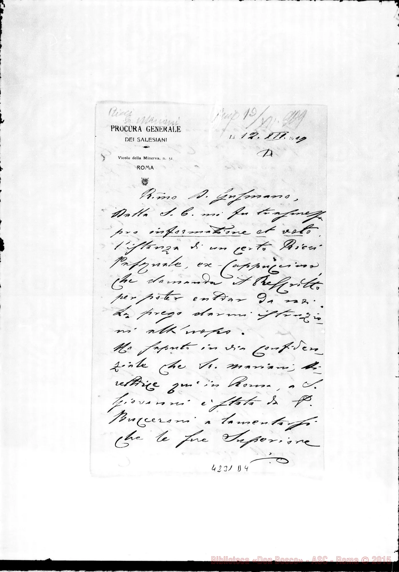 Fotogramma D 4 — Don Munerati-Don Gusmano. Roma, 12-12-1909. Ricci Pasquale, ex cappuccino domanda di entrare in Congregazione