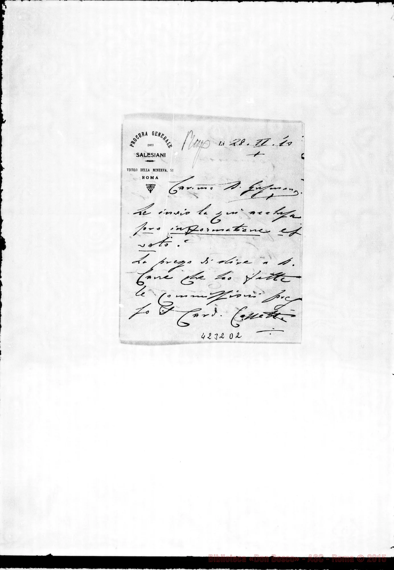 Fotogramma D 2 — Don Munerati-Don Gusmano. Roma, 28-02-1910. Card. Cassetta E l'osservatore Romano