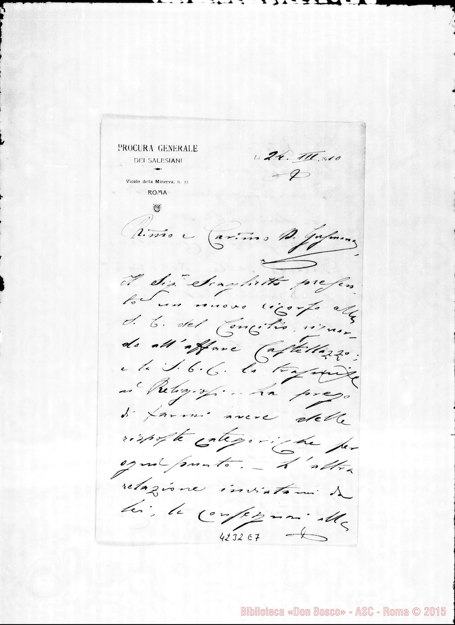 Fotogramma E 7 — Don Munerati-Don Gusmano. Roma, 24-03-1910. Affare Castellazzo. Malattia di Don Rua