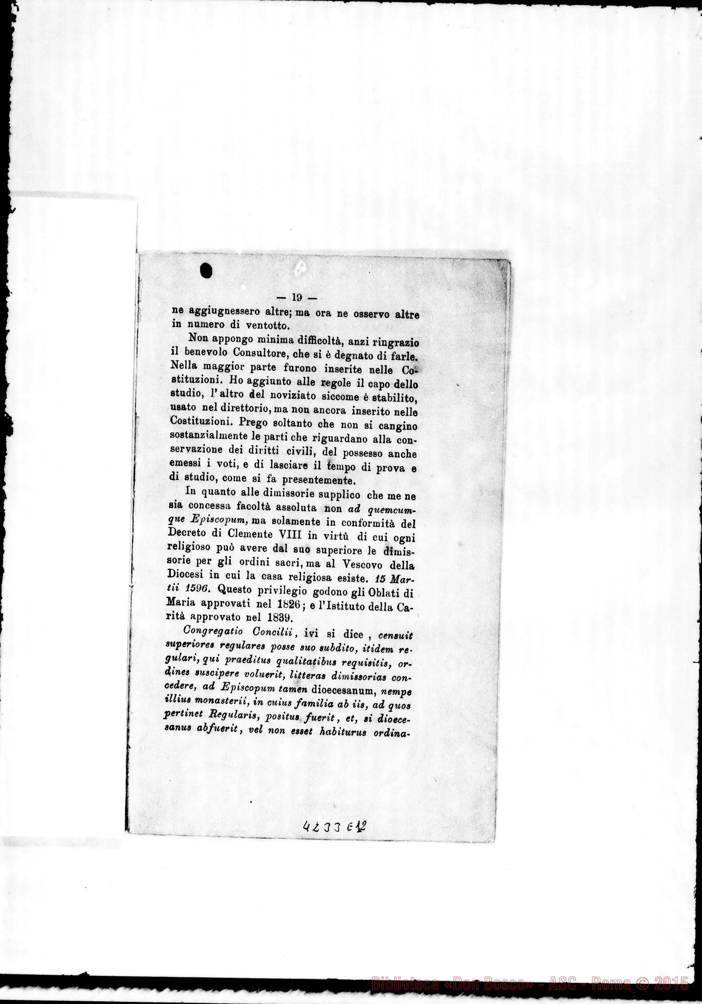 Fotogramma E 12 — 1874: Cenni storici sulla Congregazione E relativi chiarimenti. Stampato