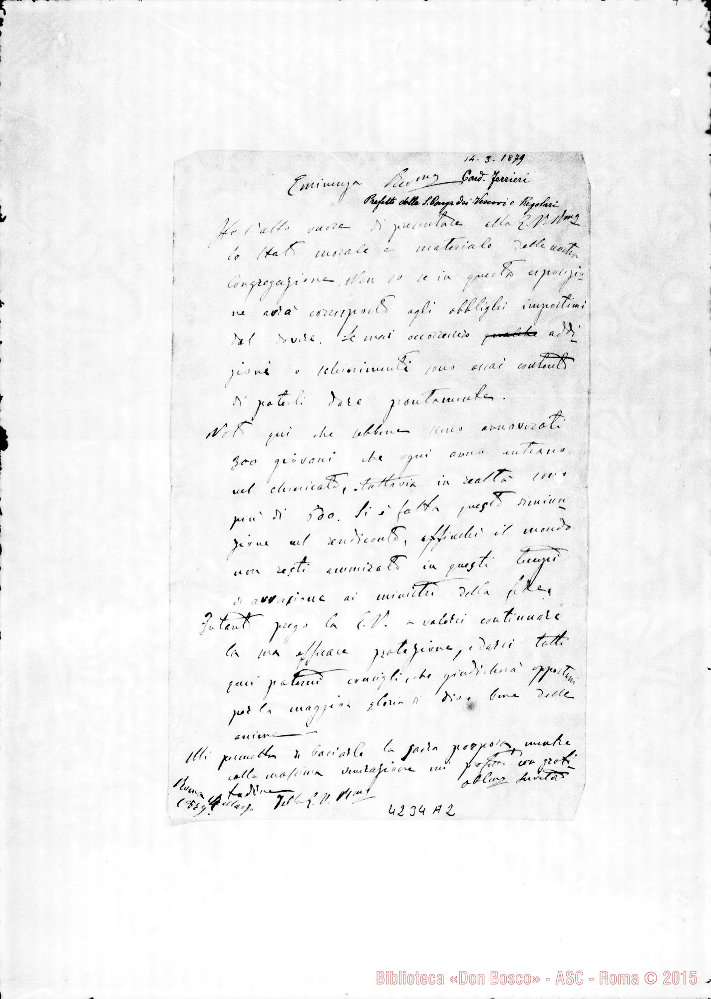 Fotogramma A 2 — 1879: Don Bosco-Card. Ferrieri, il 14-03. Copia ms. di Don Bonetti