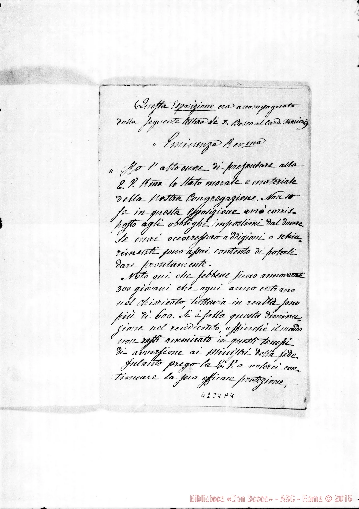 Fotogramma A 4 — Esposizione alla Santa Sede. Stampato, con copia della lettera Don Bosco-Card. Ferrieri, ms. di Don Berto