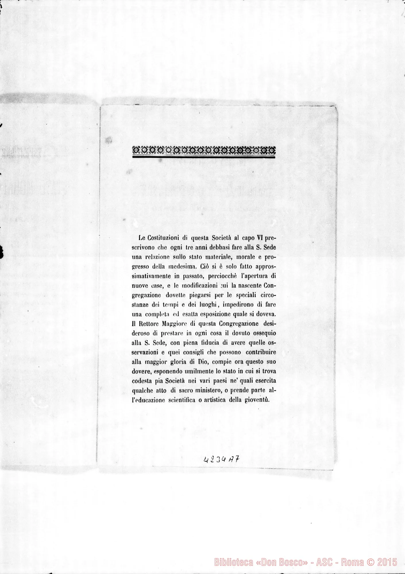 Fotogramma A 7 — Esposizione alla Santa Sede. Stampato, con copia della lettera Don Bosco-Card. Ferrieri, ms. di Don Berto