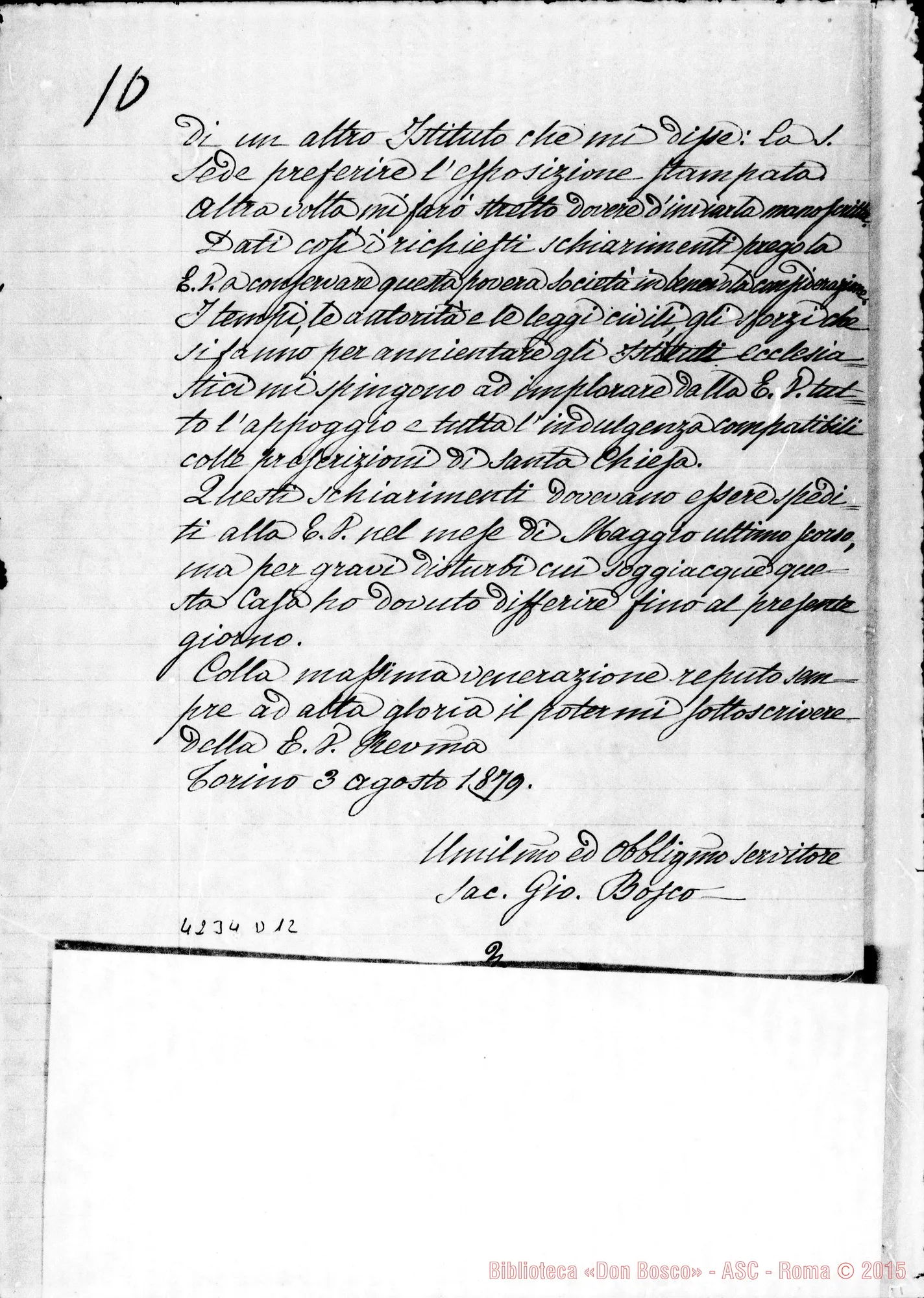 Fotogramma D 12 — Don Bosco-Card. Ferrieri Innocenzo. Copia di tre lettere. Ms. di Don Berto