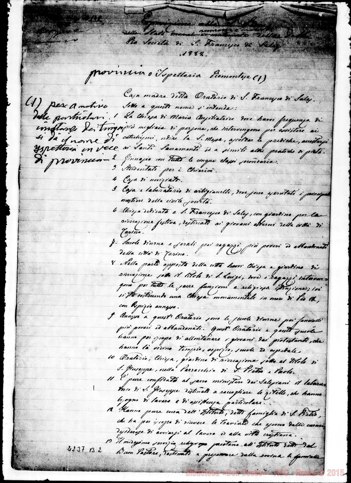 Fotogramma B 2 — 1882: Esposizione dello stato numerico E morale… . Ms. con correi- ed aggiunte autogr. Bosco