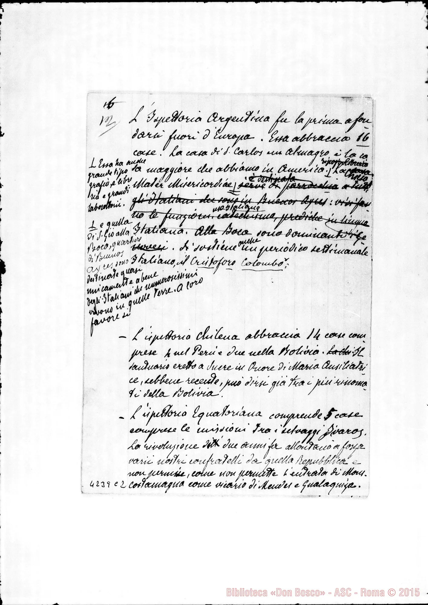 Fotogramma C 2 — 1898: Esposizione alla S. Sede. Minuta ms. autogr. di D. Barberis con alcune correz. autogr. Rua