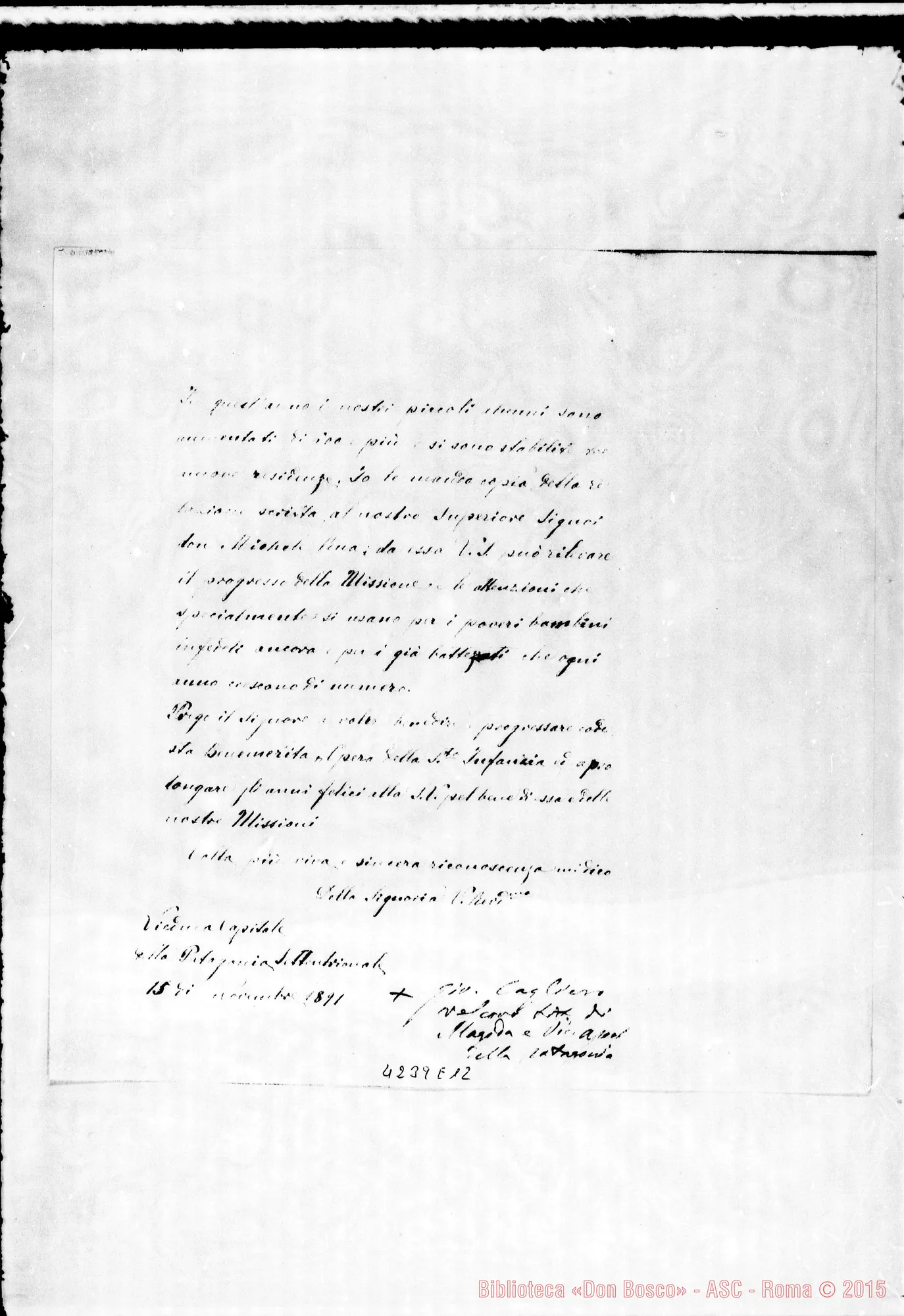 Fotogramma E 12 — Mons. Cagliero-Opera della S. Infanzia. Viedma, 15-11-1891