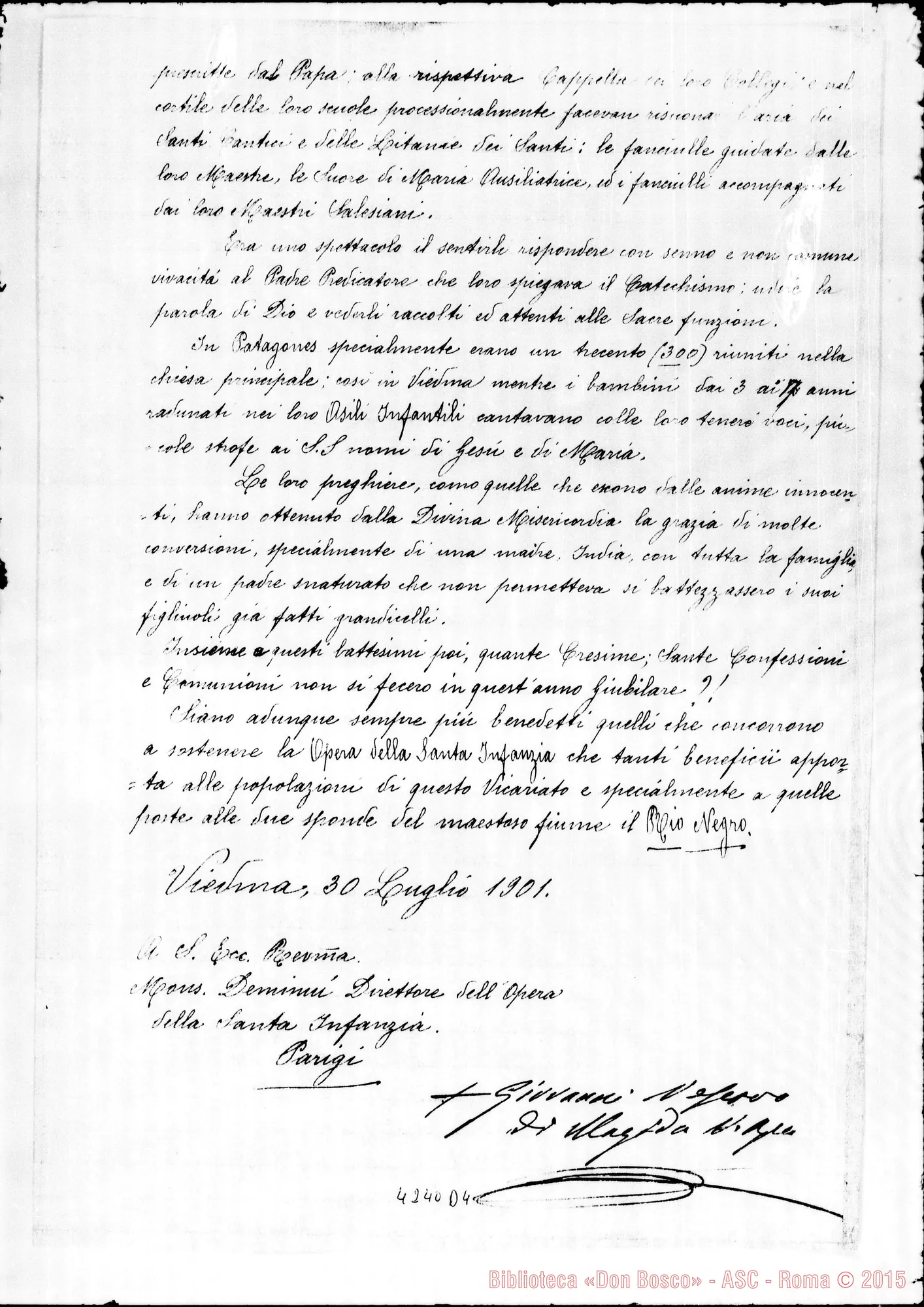 Fotogramma D 4 — Mons. Cagliero-Dir. delFOpera della S. Infanzia. Viedma, 30-07-1901
