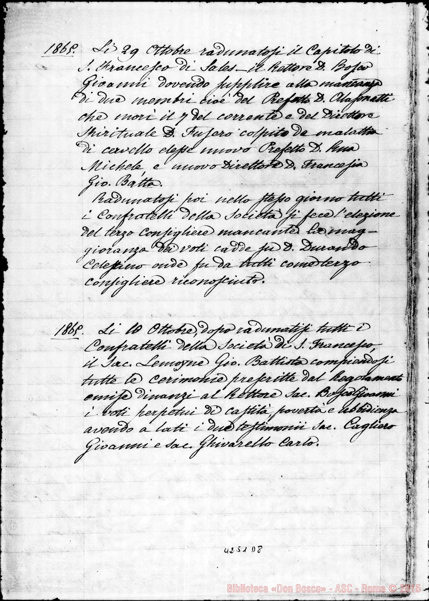 Fotogramma D 8 — Copia dei primi verbali: delle accettazioni E professioni dei membri della Pia Soc. di S. Fr. di Sales (1859-1869). Ms. D. Berto