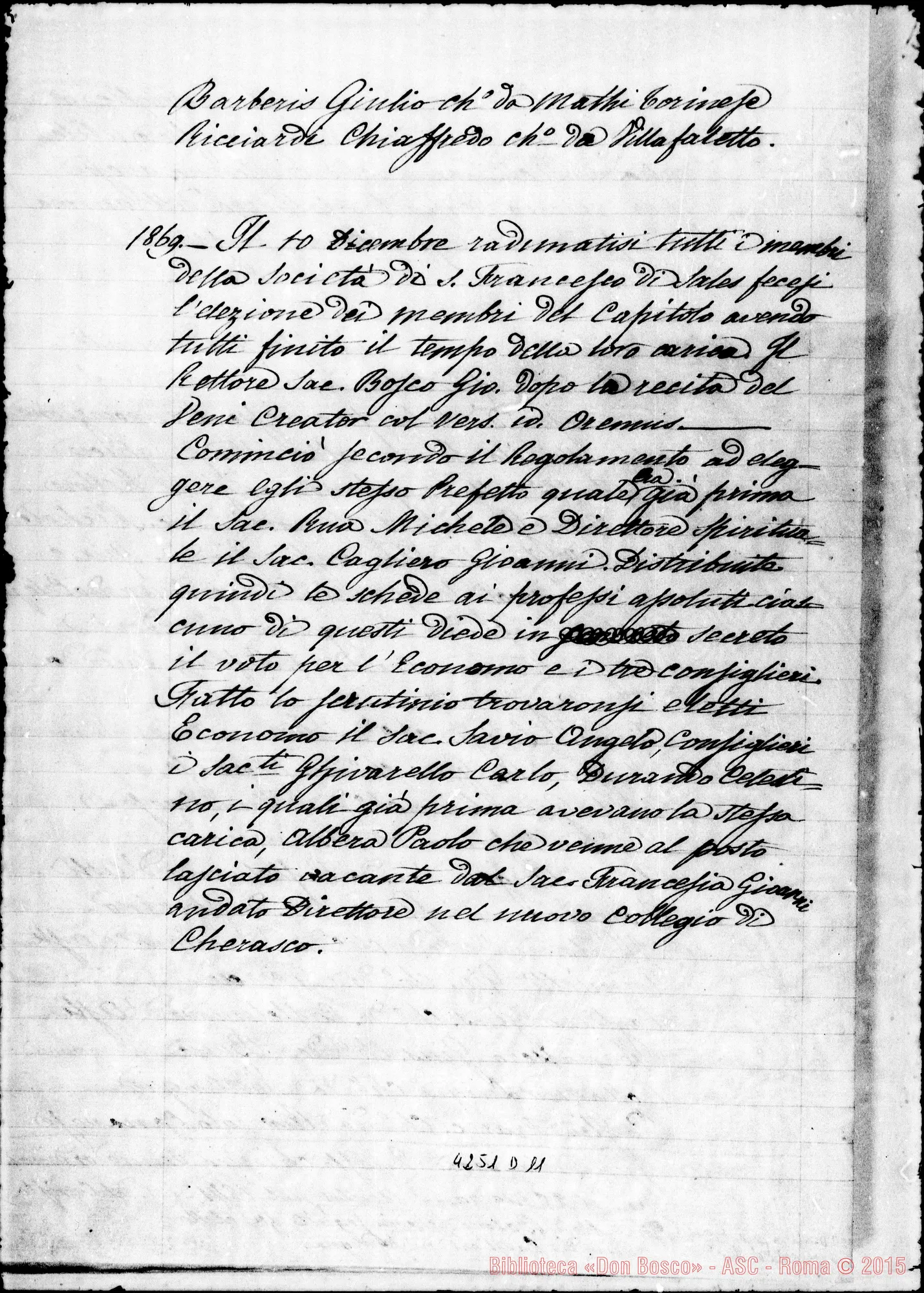 Fotogramma D 11 — Copia dei primi verbali: delle accettazioni E professioni dei membri della Pia Soc. di S. Fr. di Sales (1859-1869). Ms. D. Berto