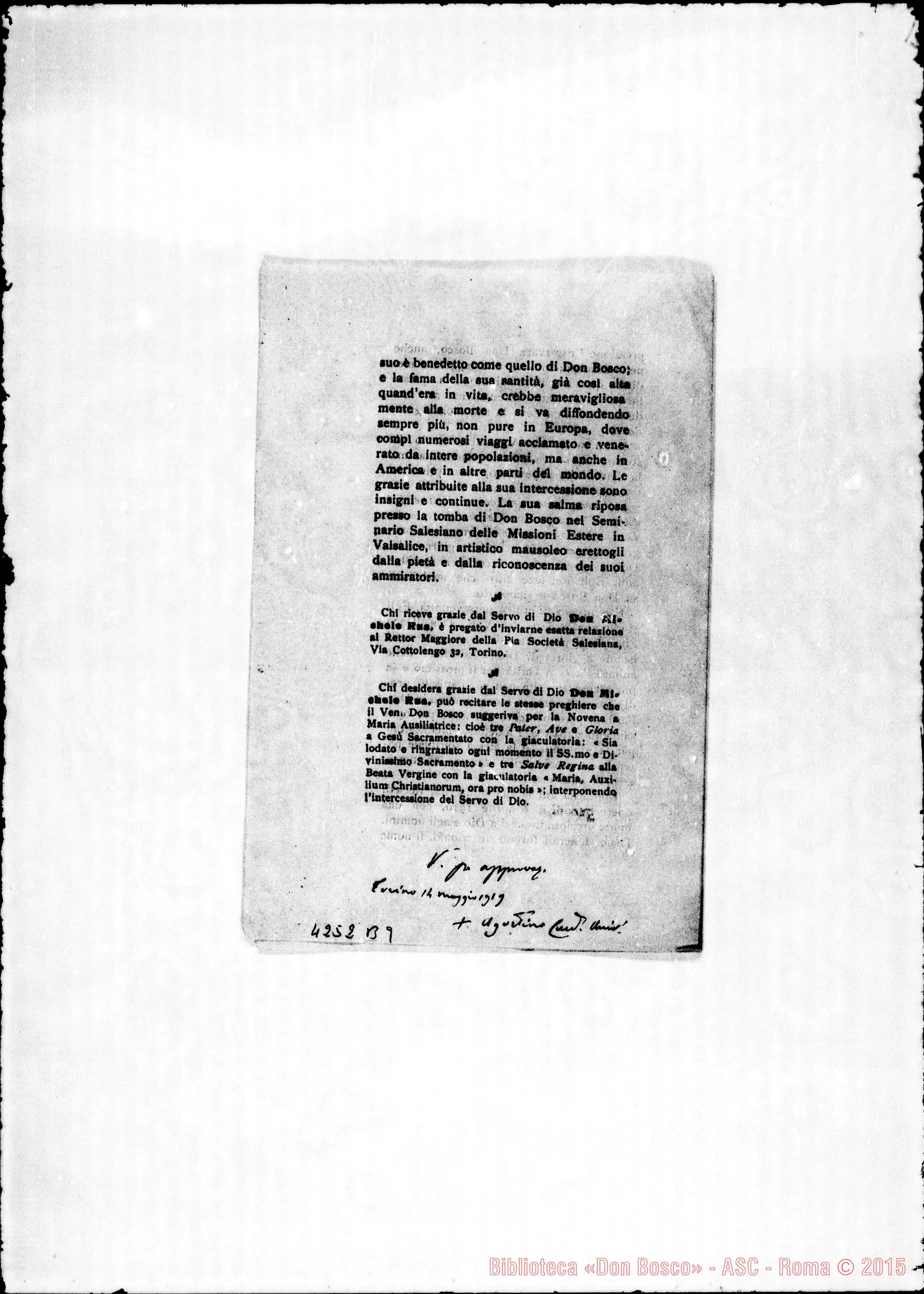 Fotogramma B 9 — Cenni sulla vita di Don Rua, con l’approvazione del Card, di Torino. 1919