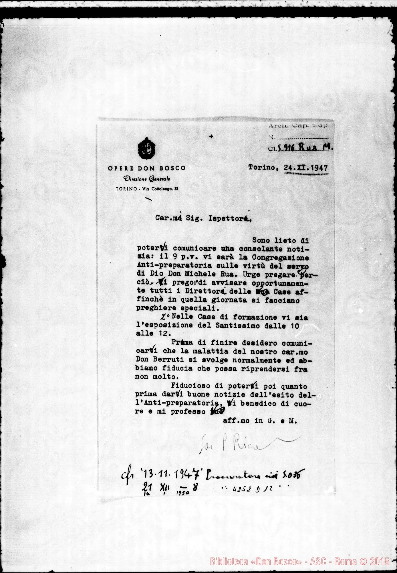 Fotogramma D 12 — Don Ricaldone Pietro-Ispettori. Minuta di circolare. Torino, 24-11-1947