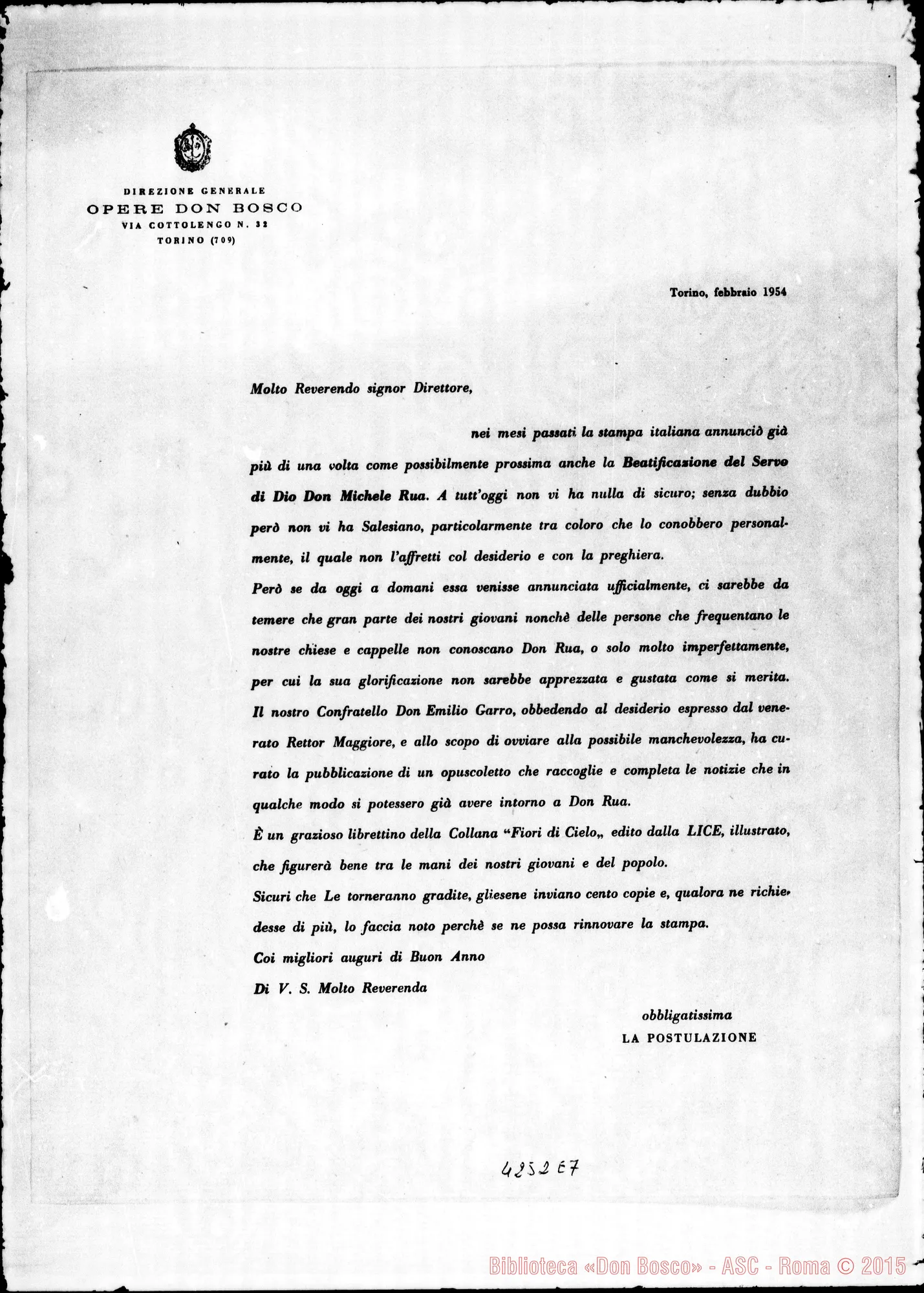 Fotogramma E 7 — La Postulazione-Direttore. Circolare stampata. Torino, febbraio 1954