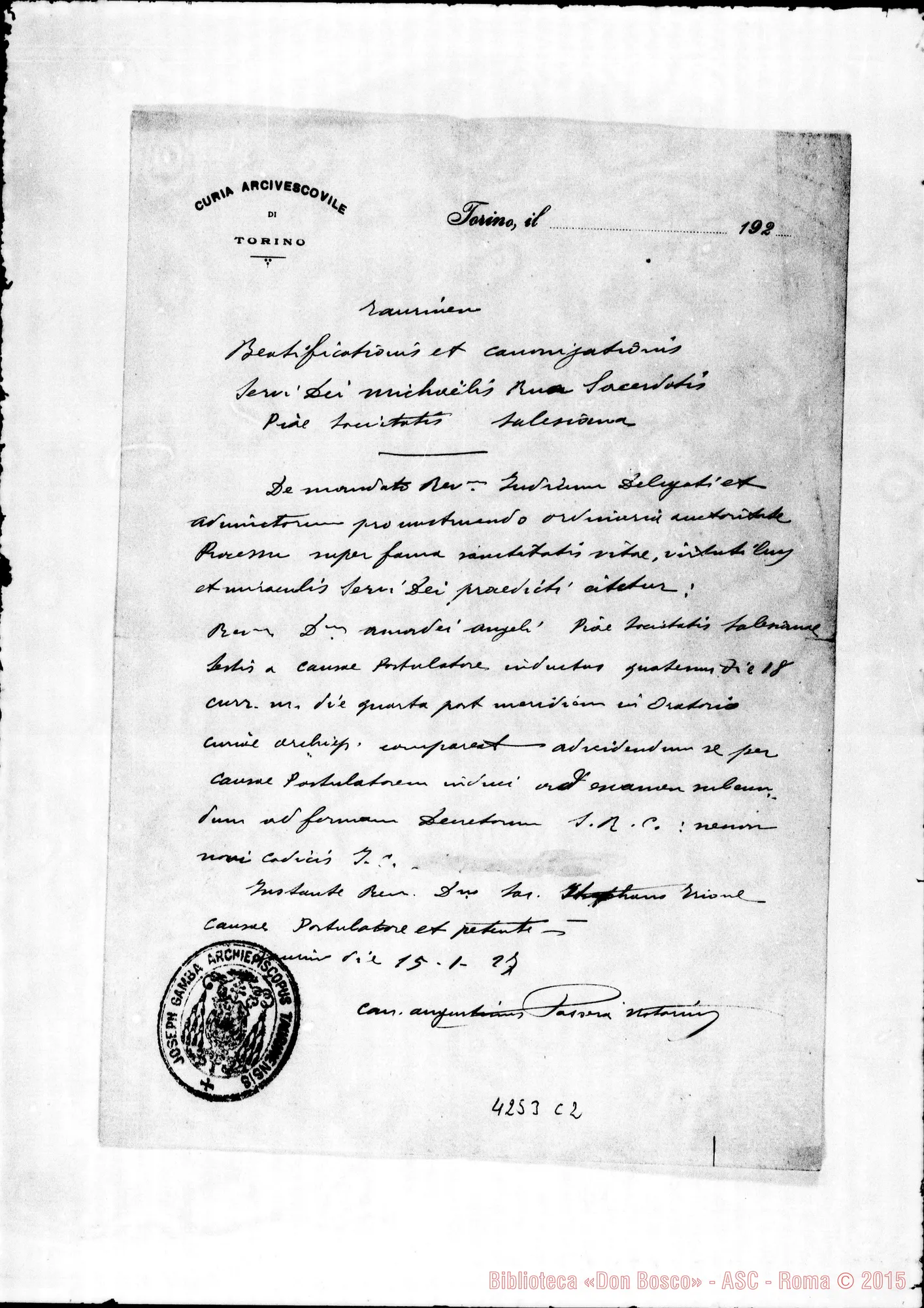 Fotogramma C 2 — Can. Agostino Passera, notaio nella Causa di D. Rua. Torino, 15-01-1917