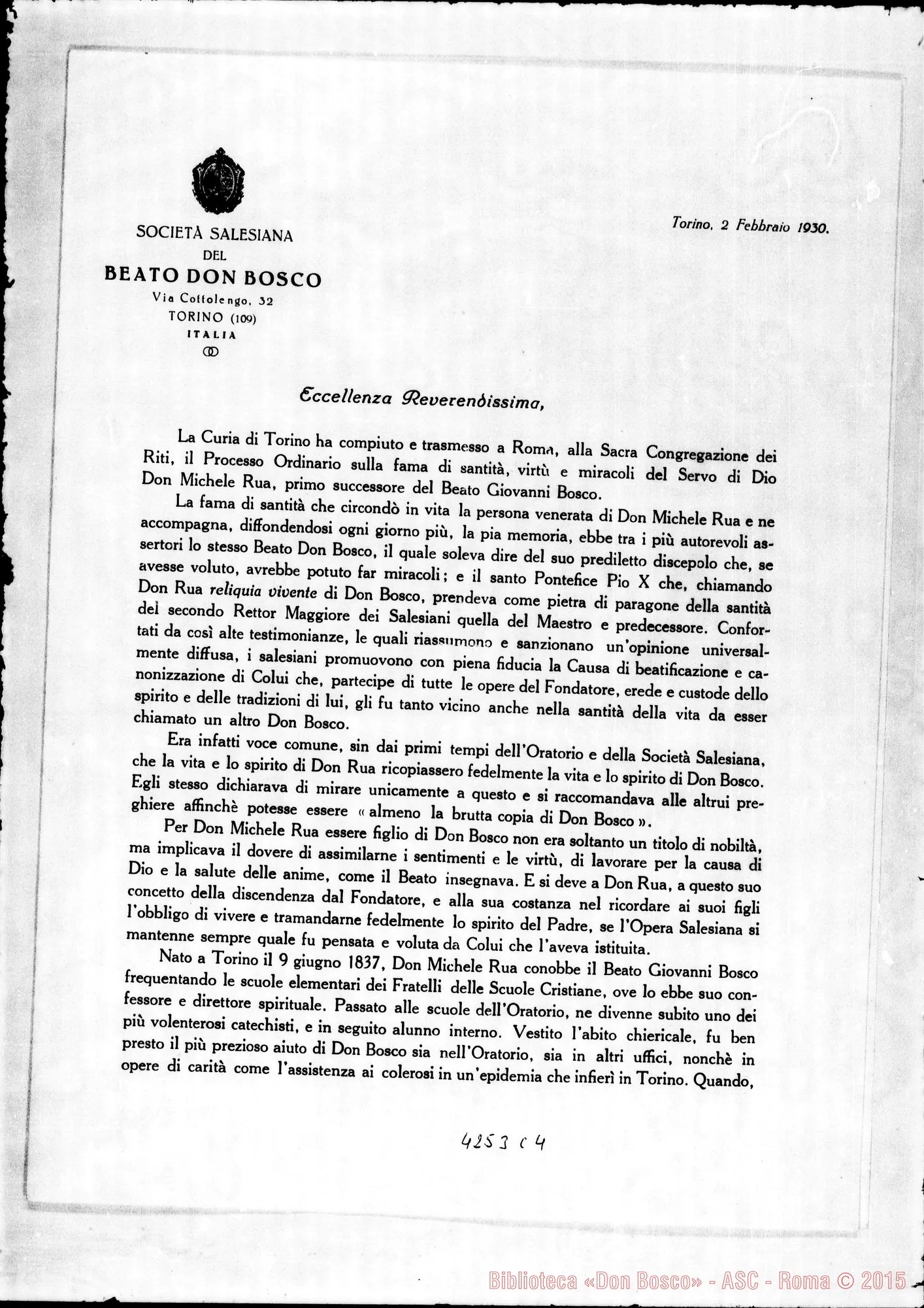 Fotogramma C 4 — Don Filippo Rinaldi-Eccellenza Rev.ma. Torino, 2-02-1930. Stampato